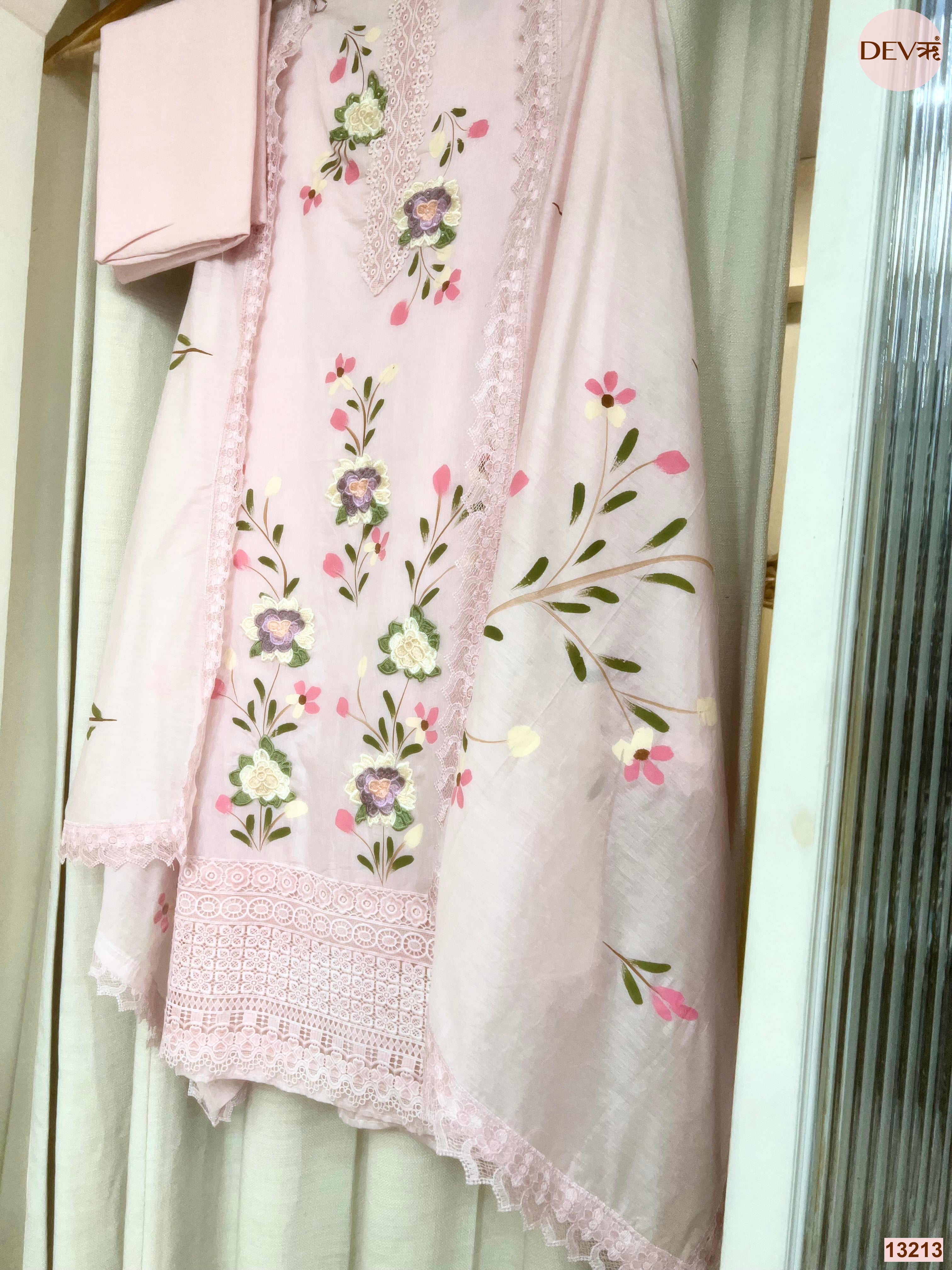 Pink Mul Chanderi Embroidered Unstitched 3-Piece Suit (Devri – D.No 13213)