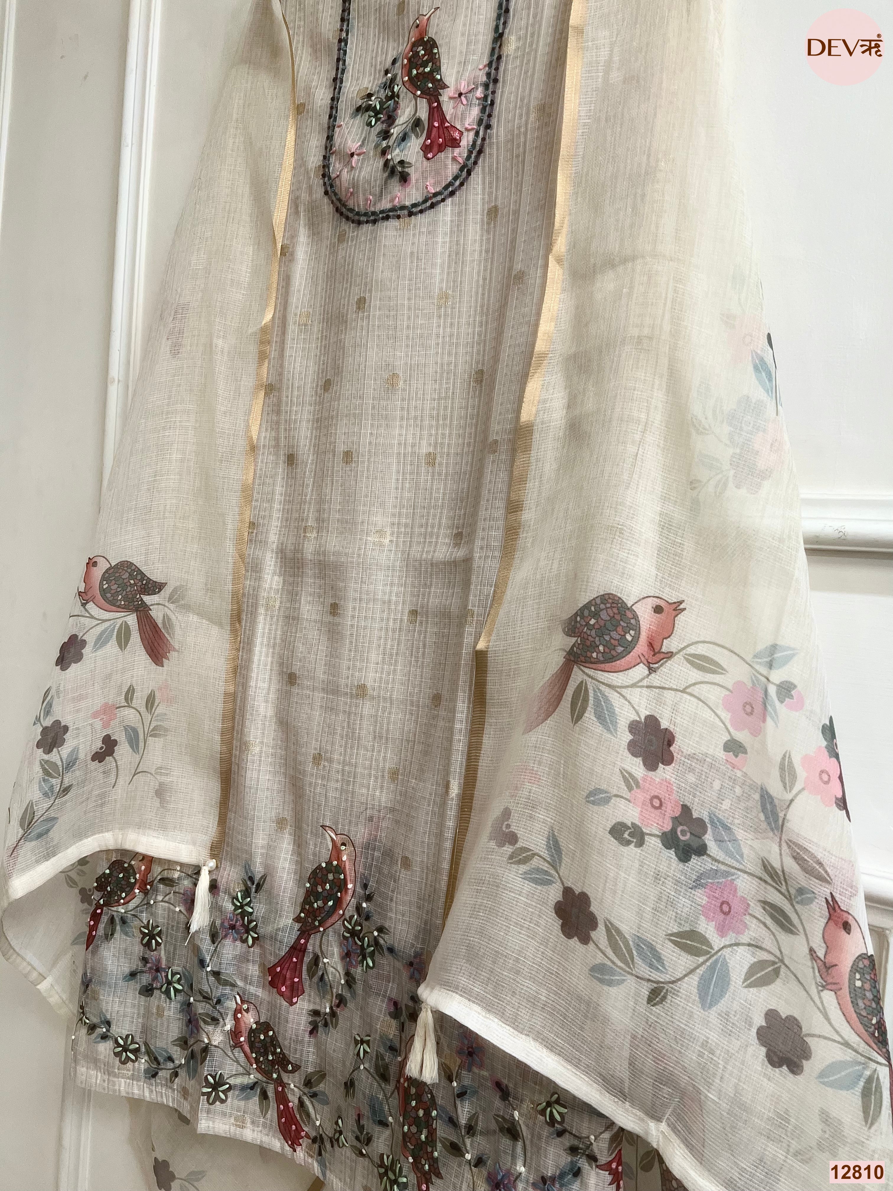 Cream Kota Printed Unstitched 3-Piece Suit (Devri – D.No 12810)