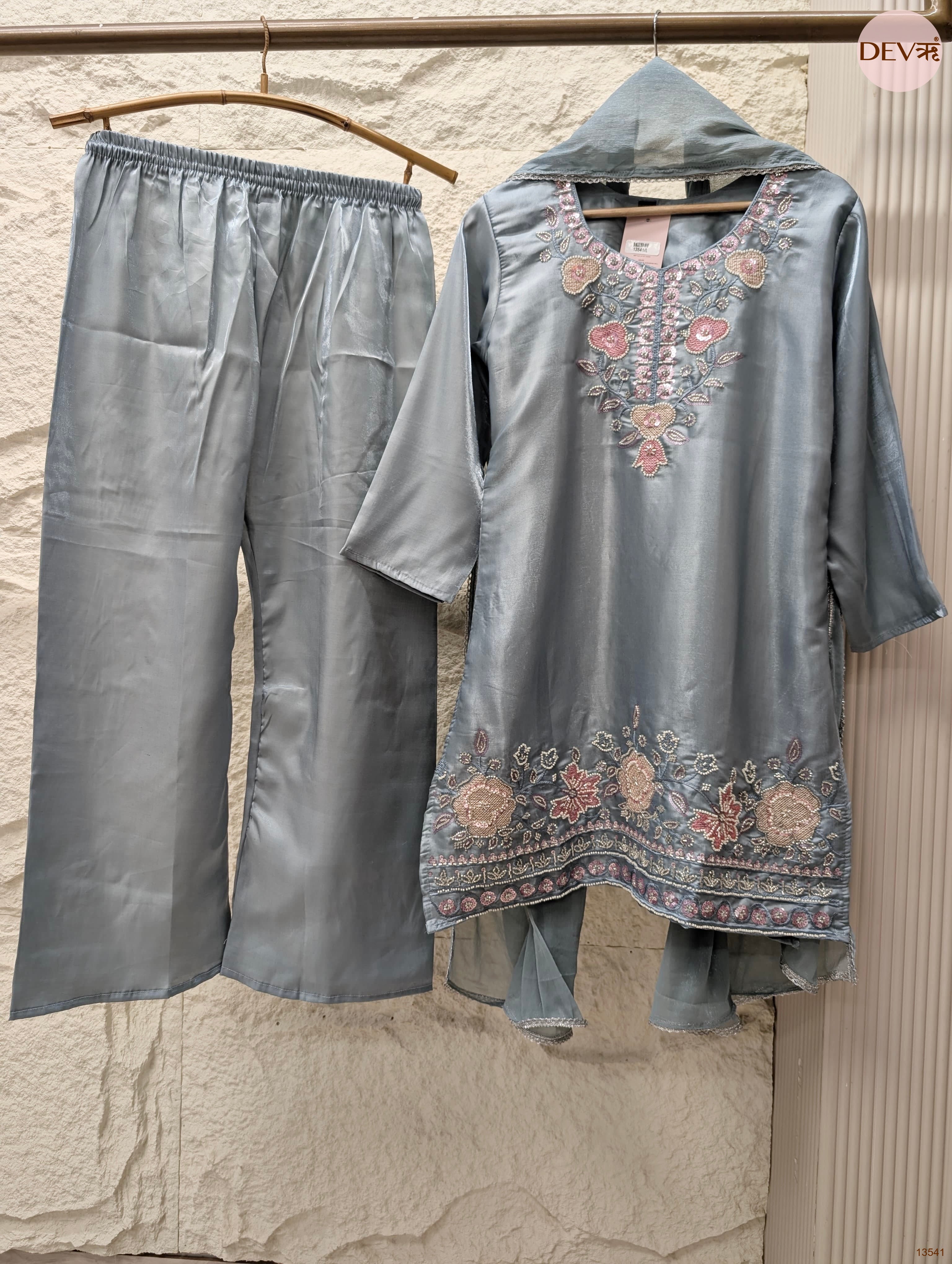 Gulnaar Roman Glass Silk Embroidered Grey 3-Piece Set (Devri – D.No 13541)