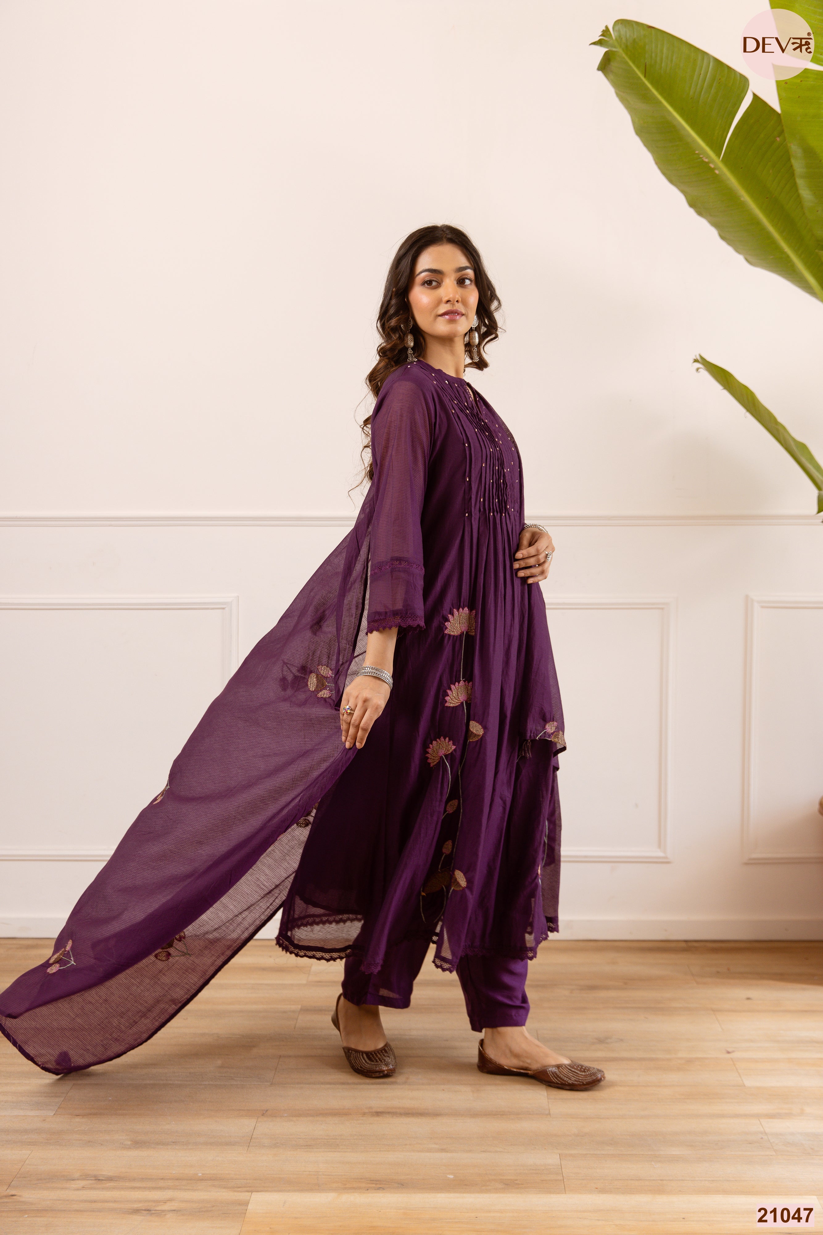 Meher Net Chanderi Embroidered Purple 3-Piece Set (Devri – D.No 21047)