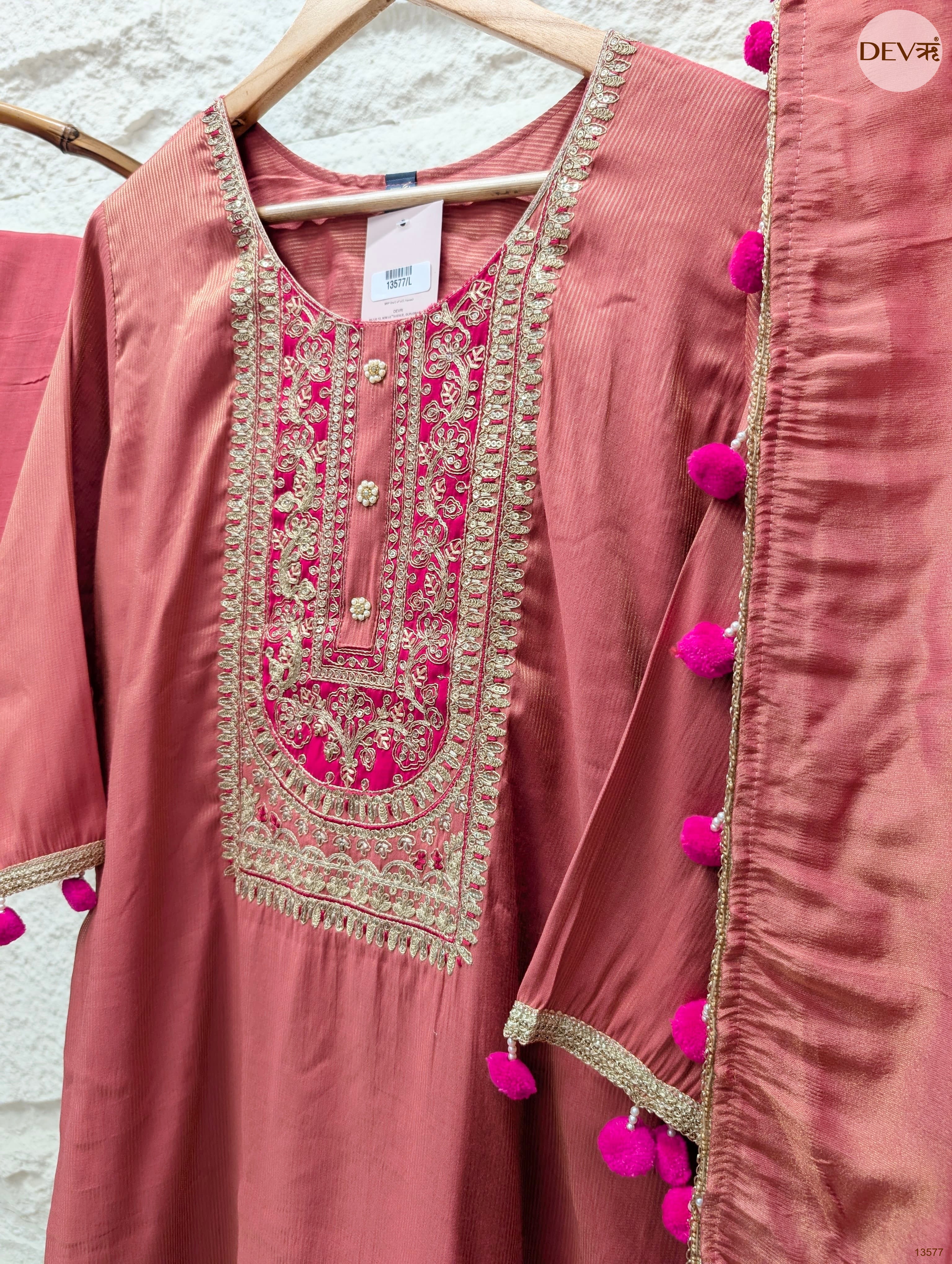 Gulnaar Tissue silk Embroidered Dusty Rose 3-Piece Set (Devri – D.No 13577)