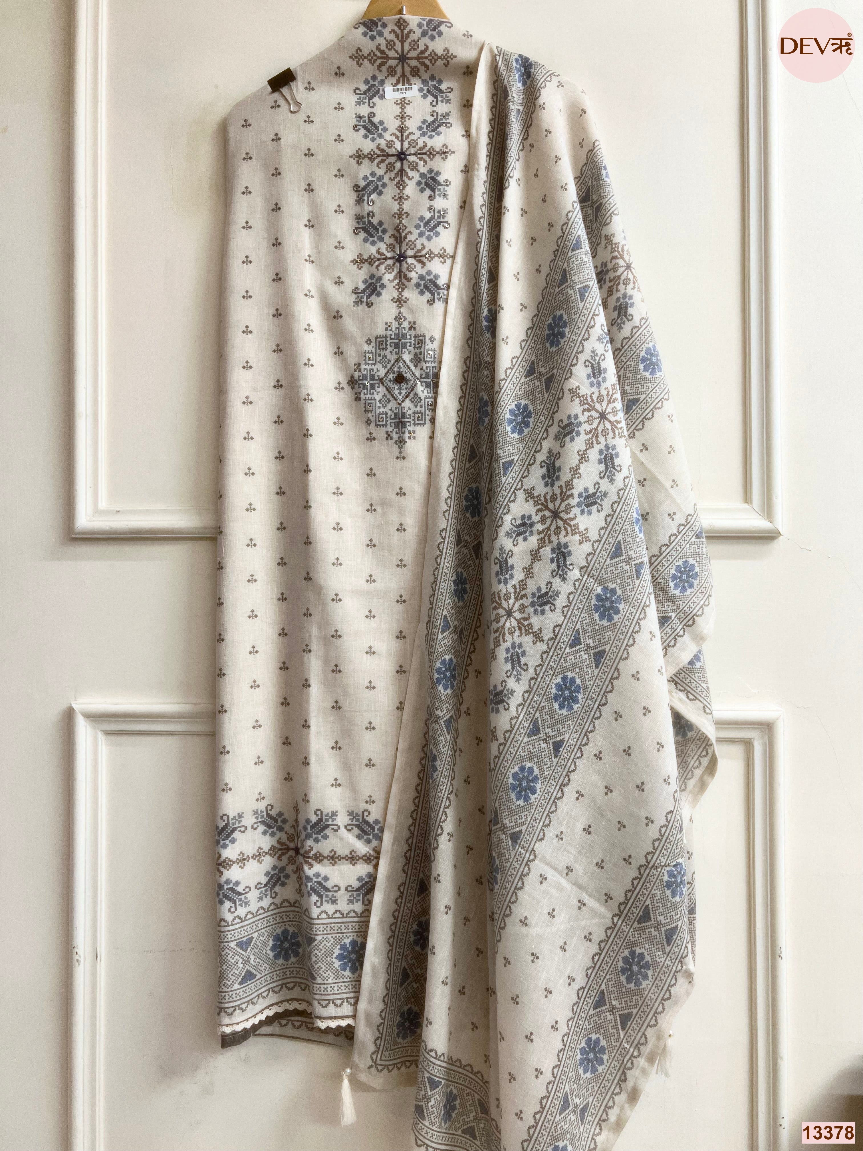 Off White Khadi Cotton Printed Unstitched 3-Piece Suit (Devri – D.No 13378)