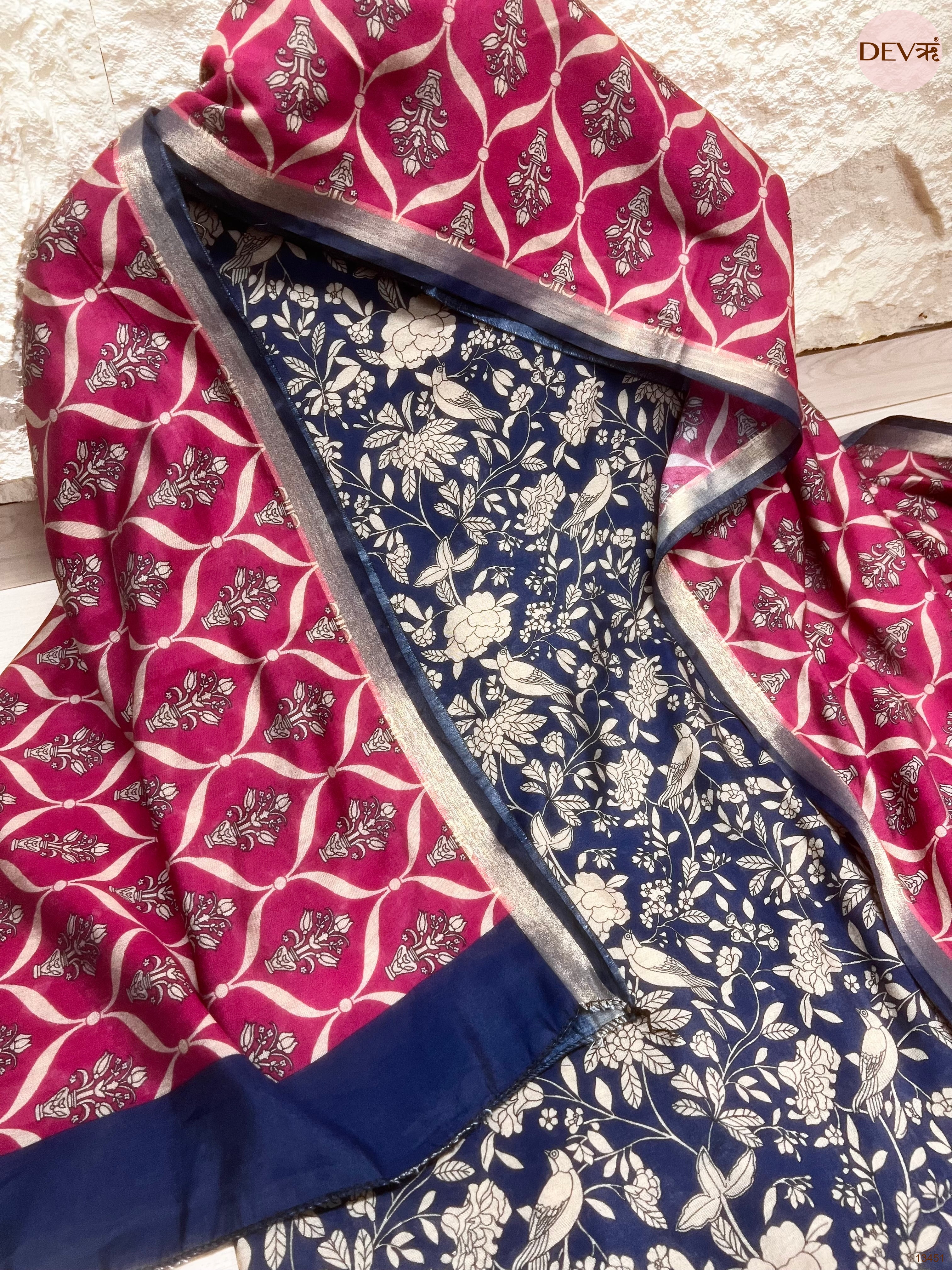 Navy Maheshwari Silk Printed Unstitched 3-Piece Suit (Devri – D.No 13451)