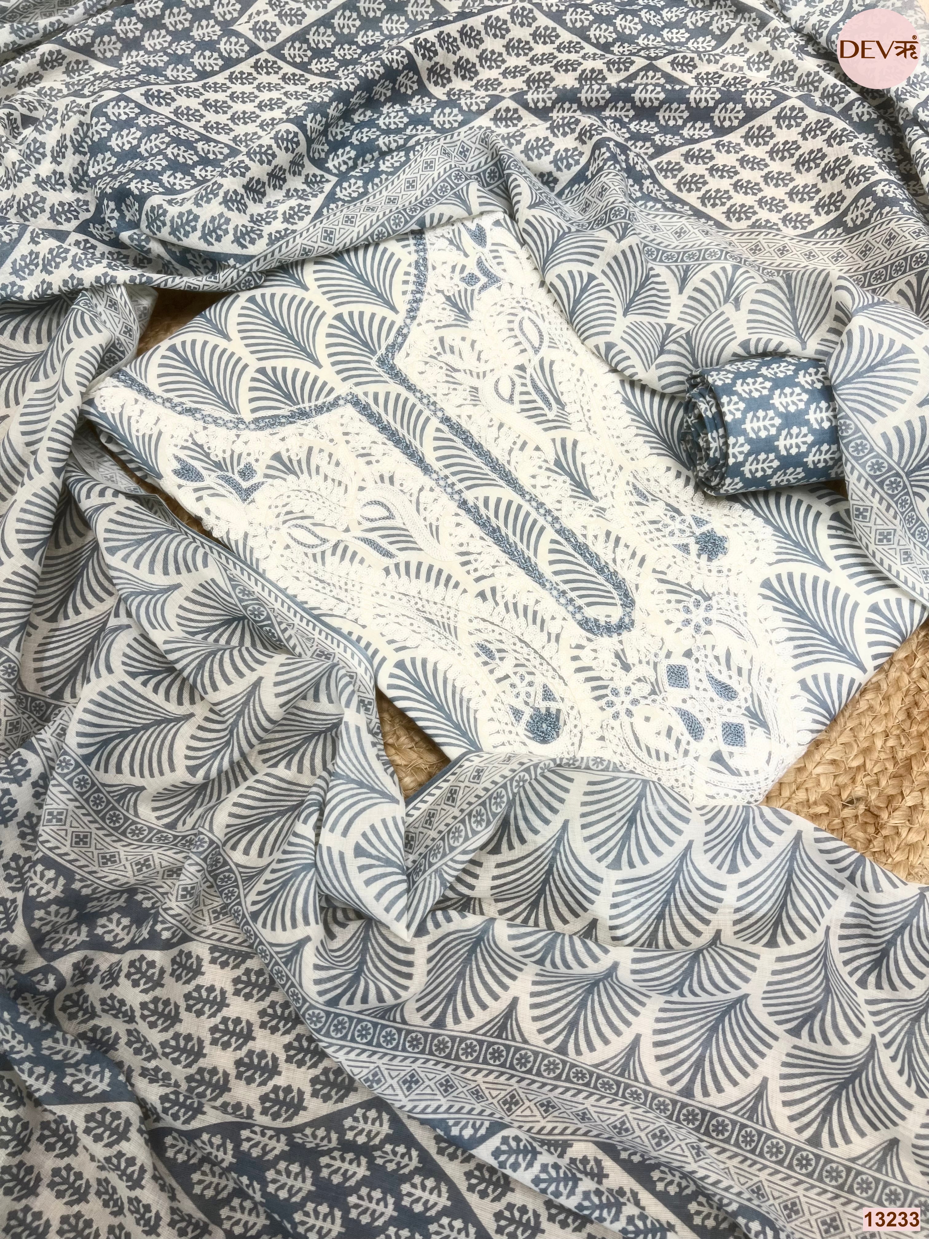 Blue Cotton Printed Unstitched 3-Piece Suit (Devri – D.No 13233)
