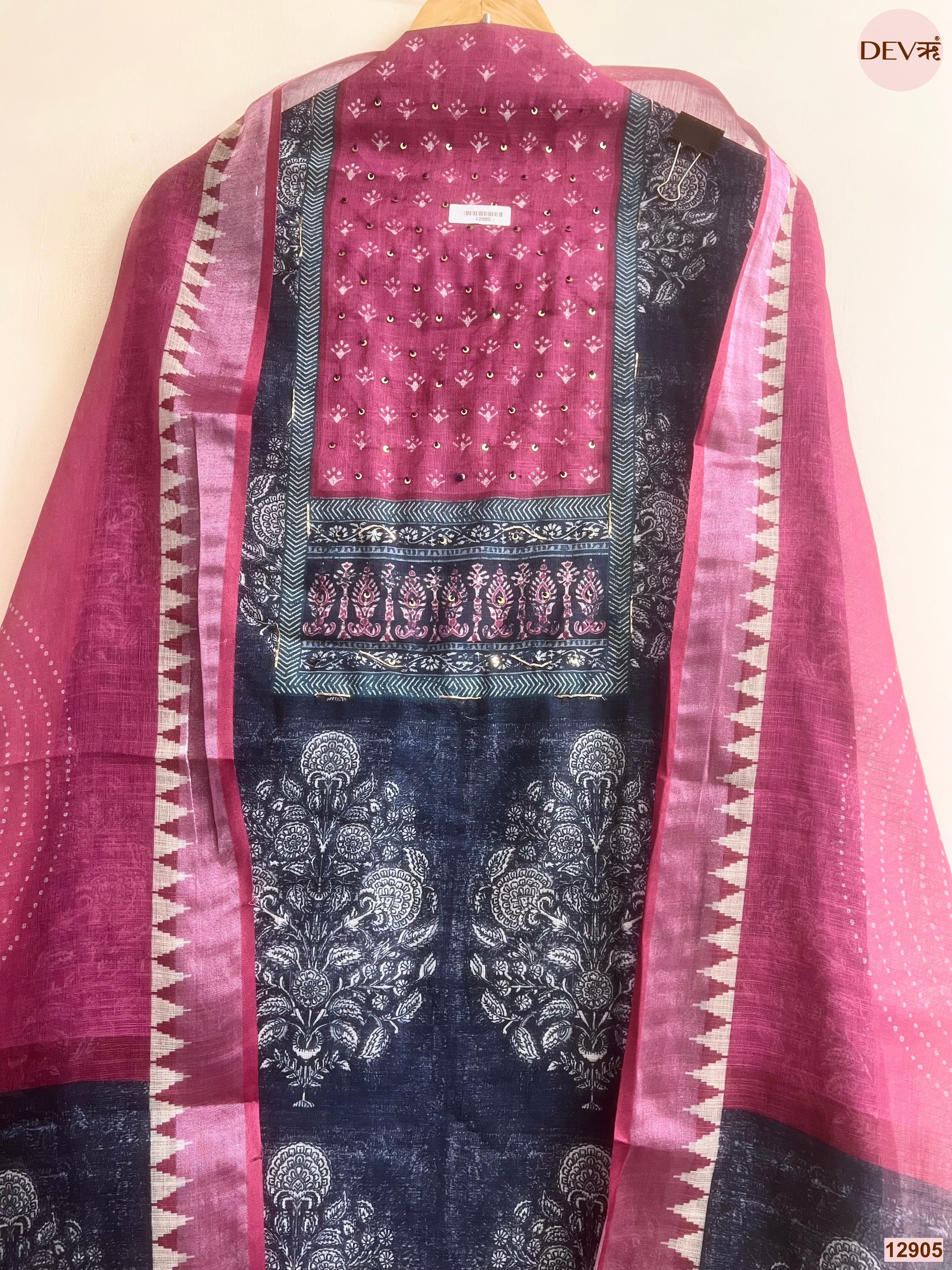Pink Linen Cotton Printed Unstitched 3-Piece Suit (Devri – D.No 12905)