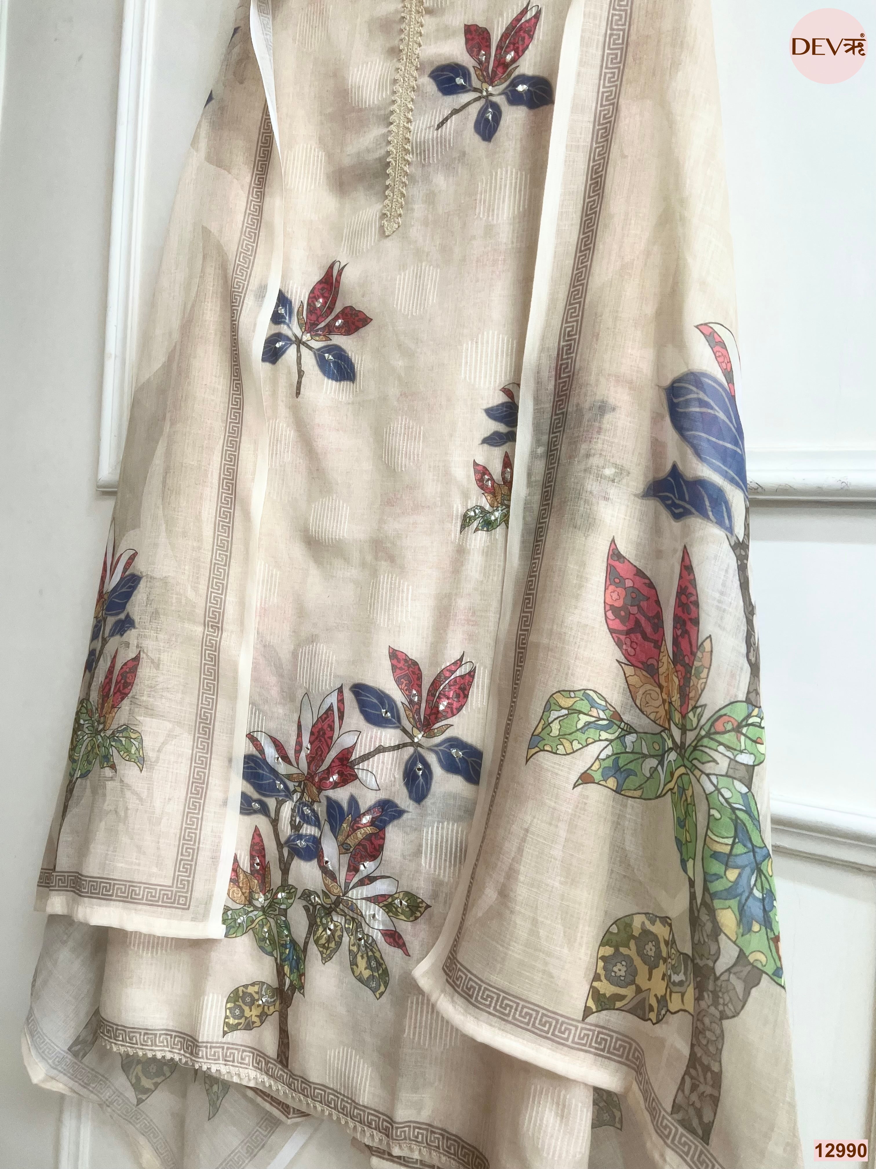 Cream Linen Printed Unstitched 3-Piece Suit (Devri – D.No 12990)
