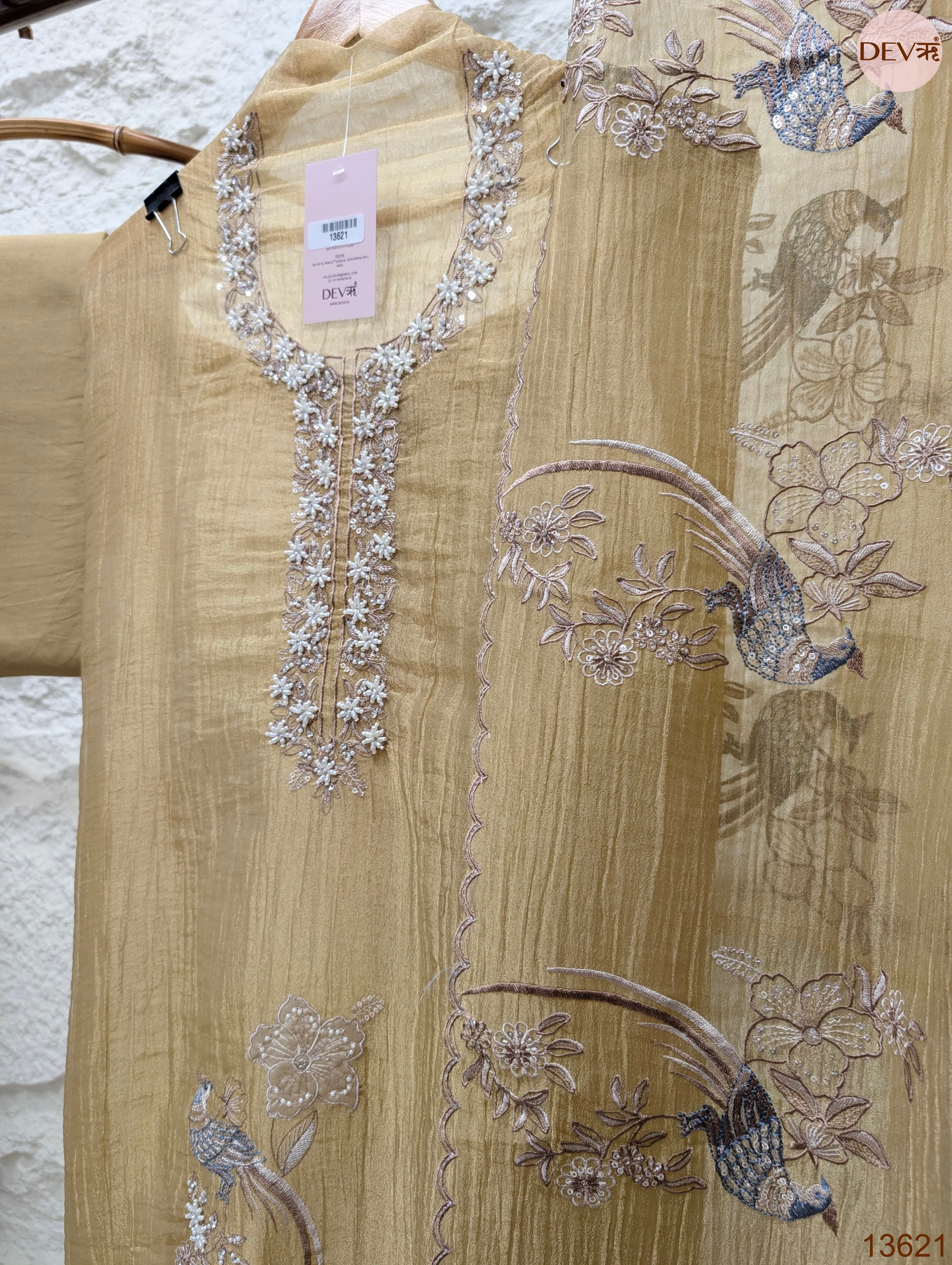 Beige Tissue Crush Silk Embroidered Unstitched 3-Piece Suit (Devri – D.No 13621)