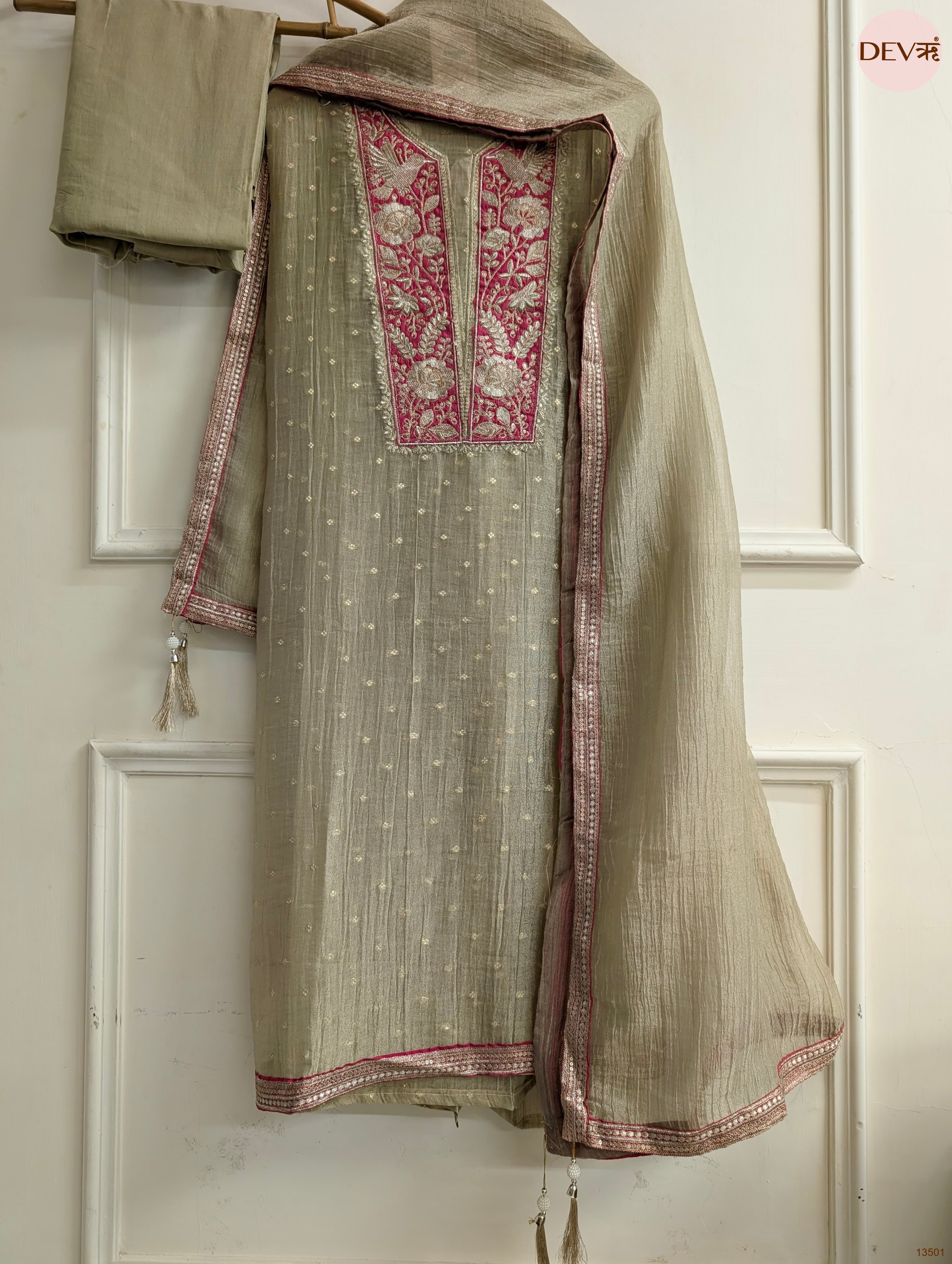 Olive Tissue Silk Embroidered Unstitched 3-Piece Suit (Devri – D.No 13501)