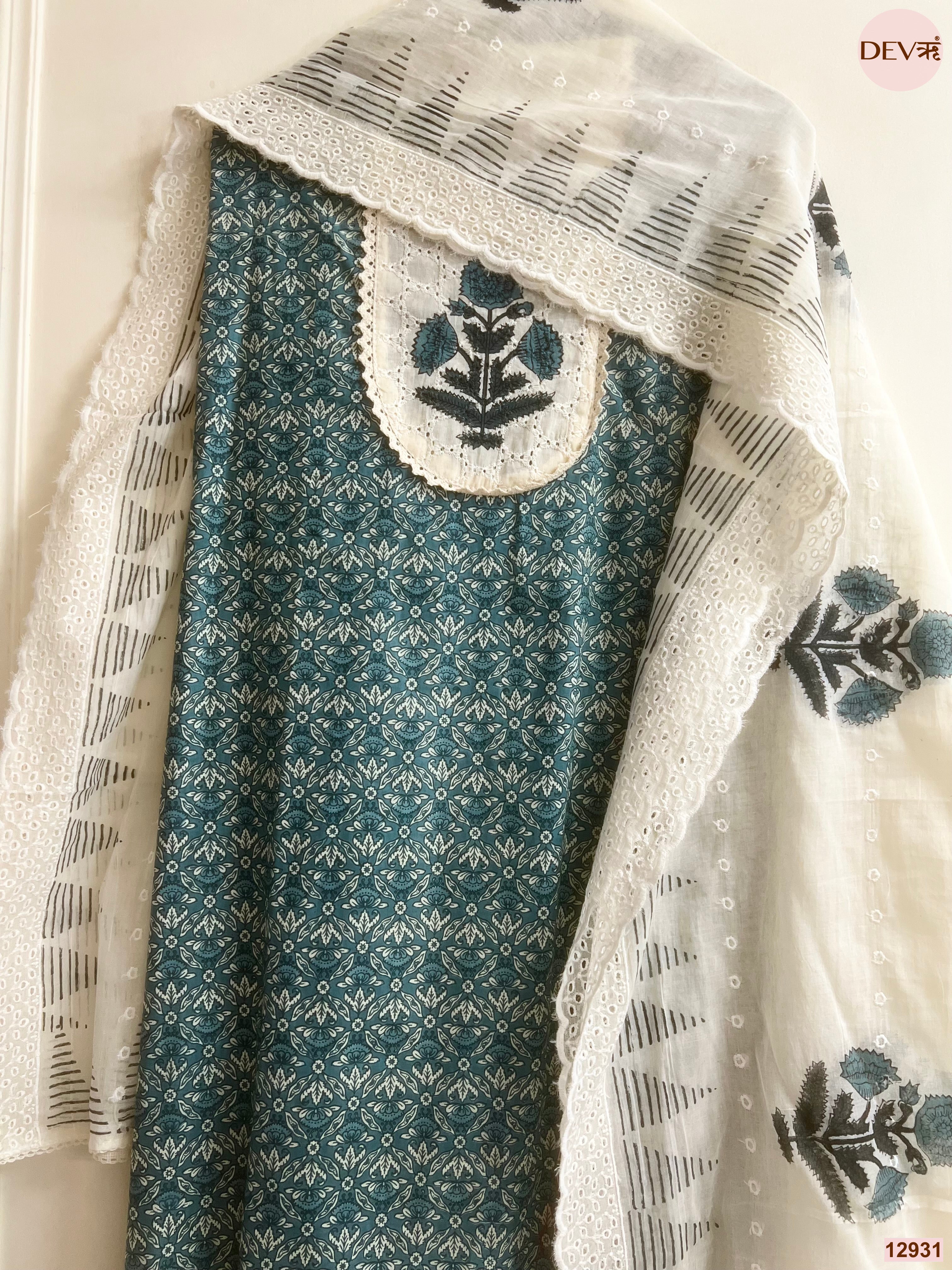 Teal Cotton Printed Unstitched 3-Piece Suit (Devri – D.No 12931)