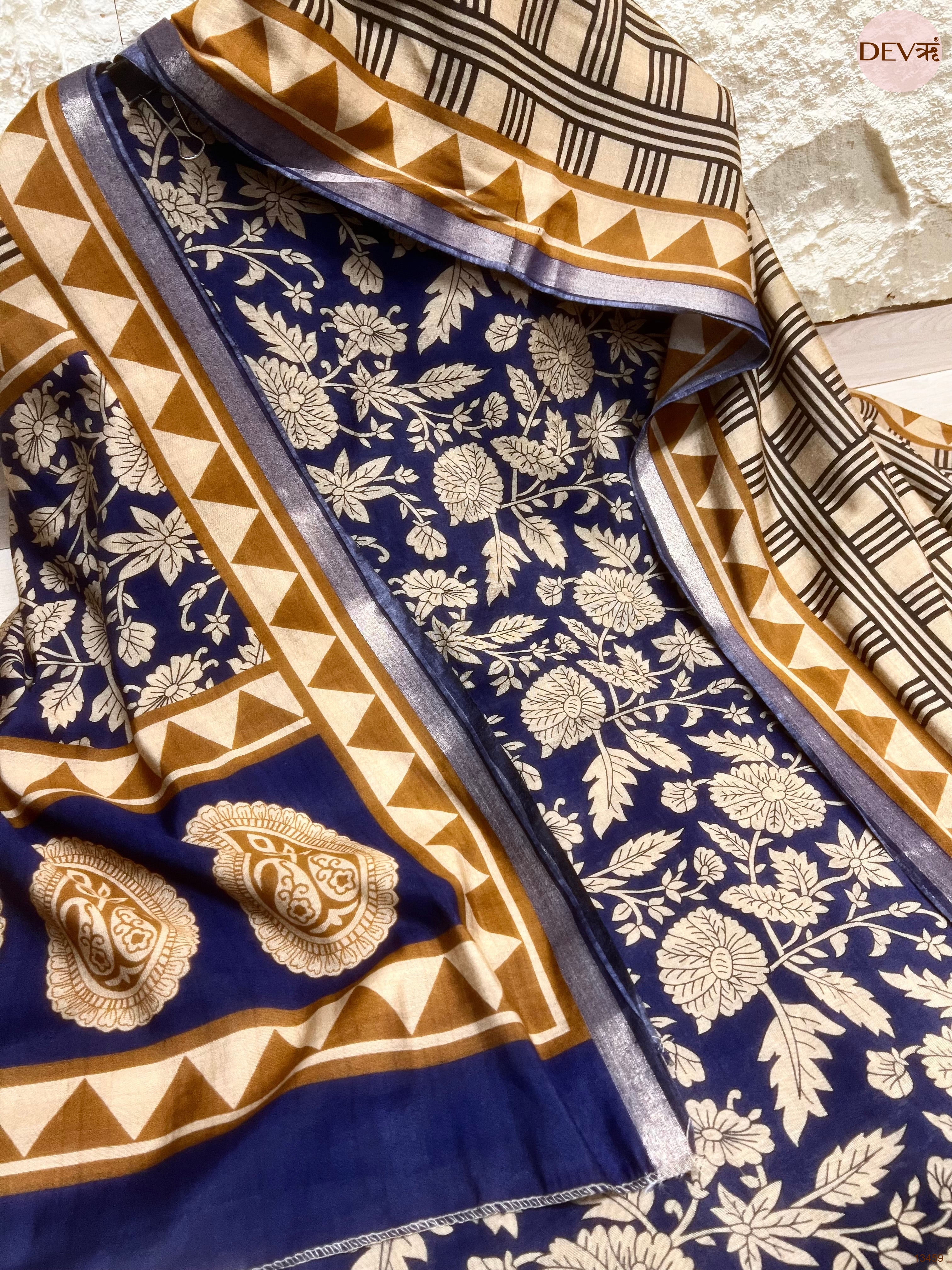 Navy Blue Maheshwari Silk Printed Unstitched 3-Piece Suit (Devri – D.No 13459)