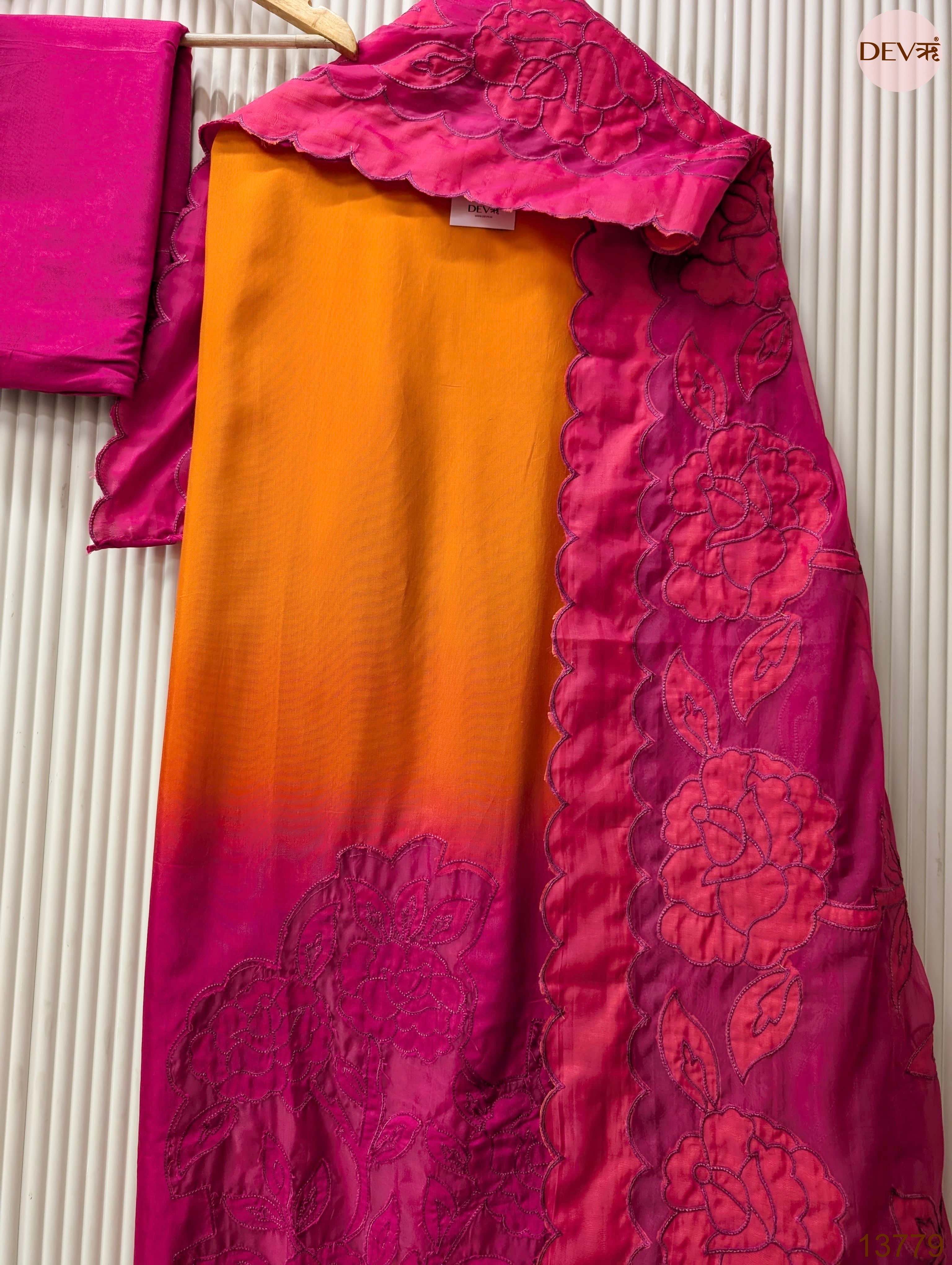 Orange Muslin Embroidered Unstitched 3-Piece Suit (Devri – D.No 13779)