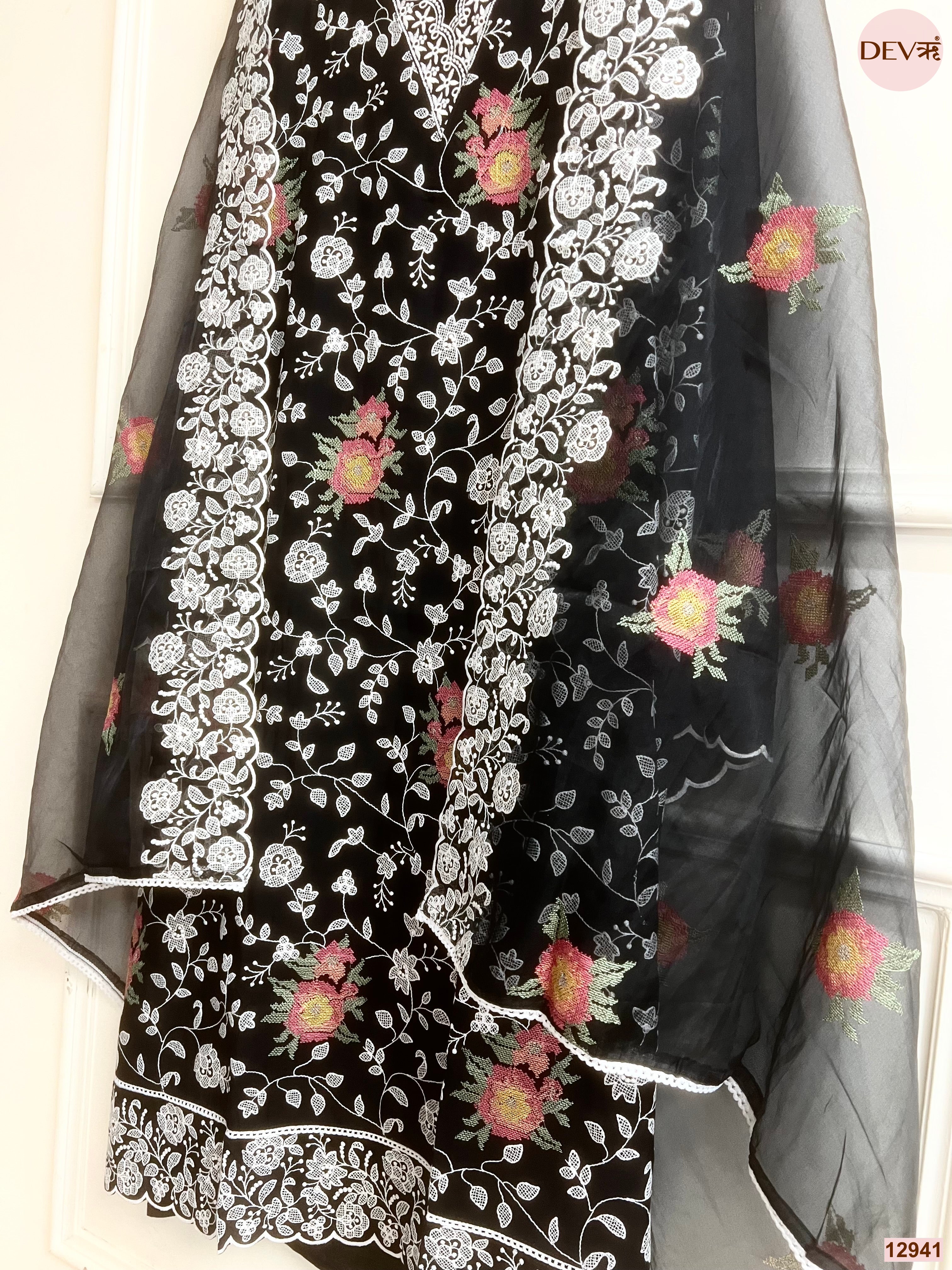 Black Organza Embroidered Unstitched 3-Piece Suit (Devri – D.No 12941)