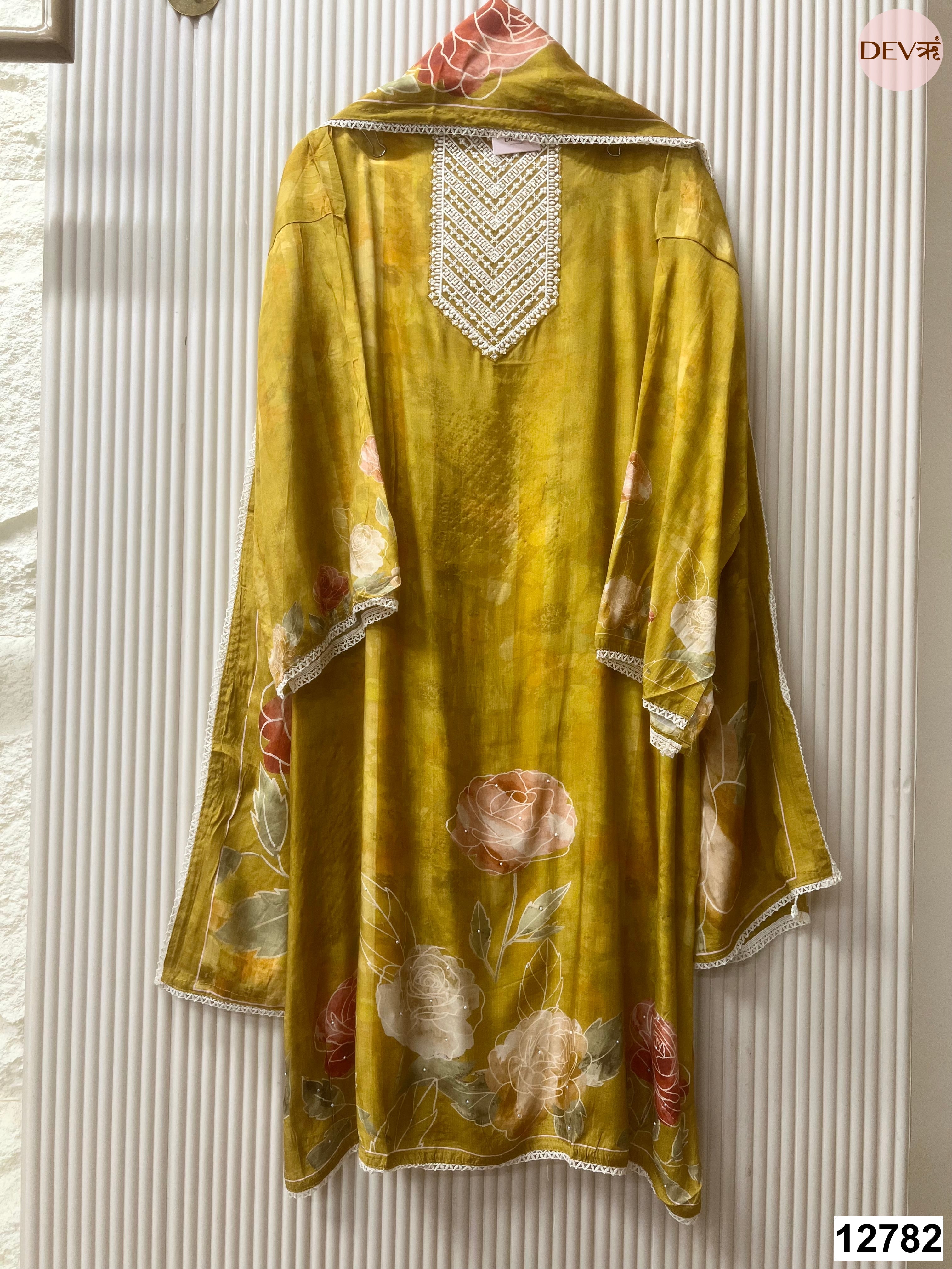 Mustard Muslin Printed Unstitched 3-Piece Suit (Devri – D.No 12782)