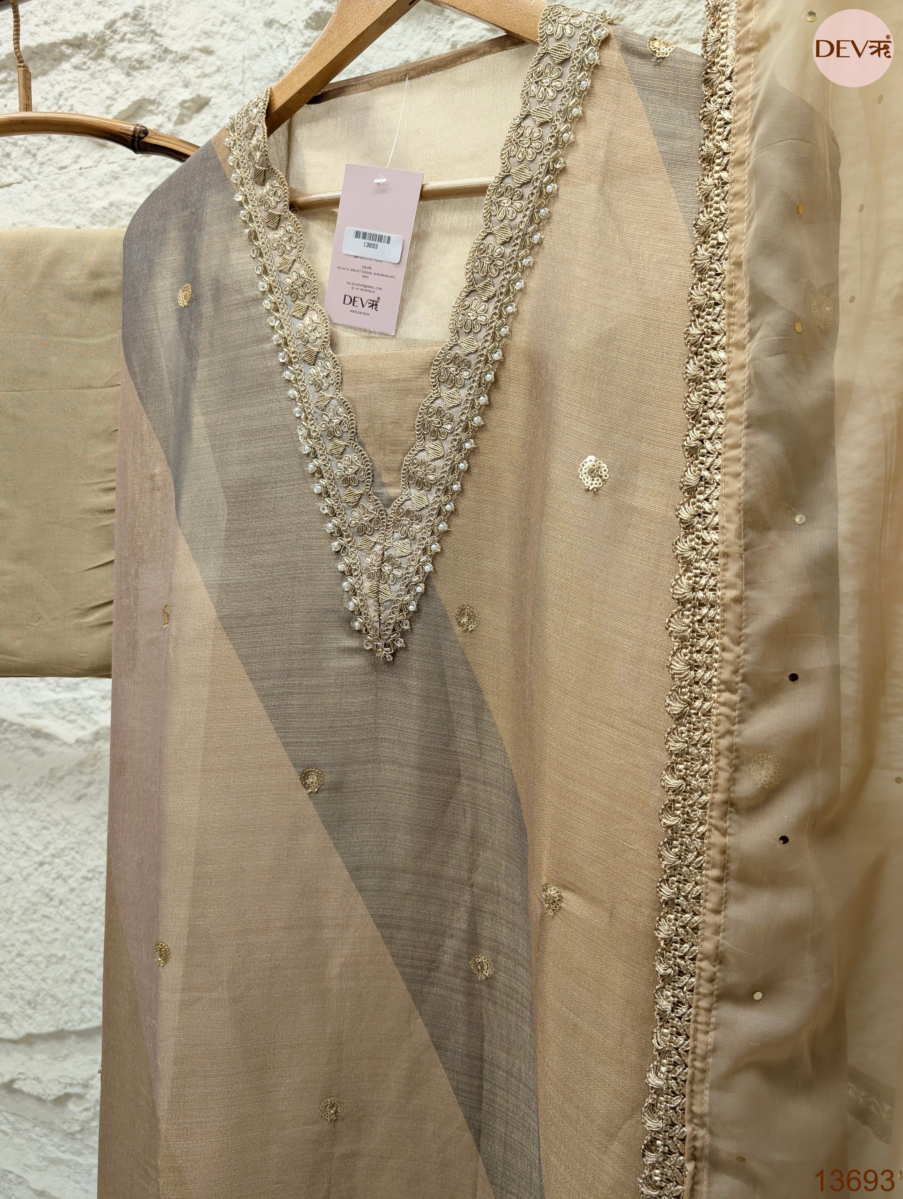 Beige Tissue Silk Embroidered Unstitched 3-Piece Suit (Devri – D.No 13693)