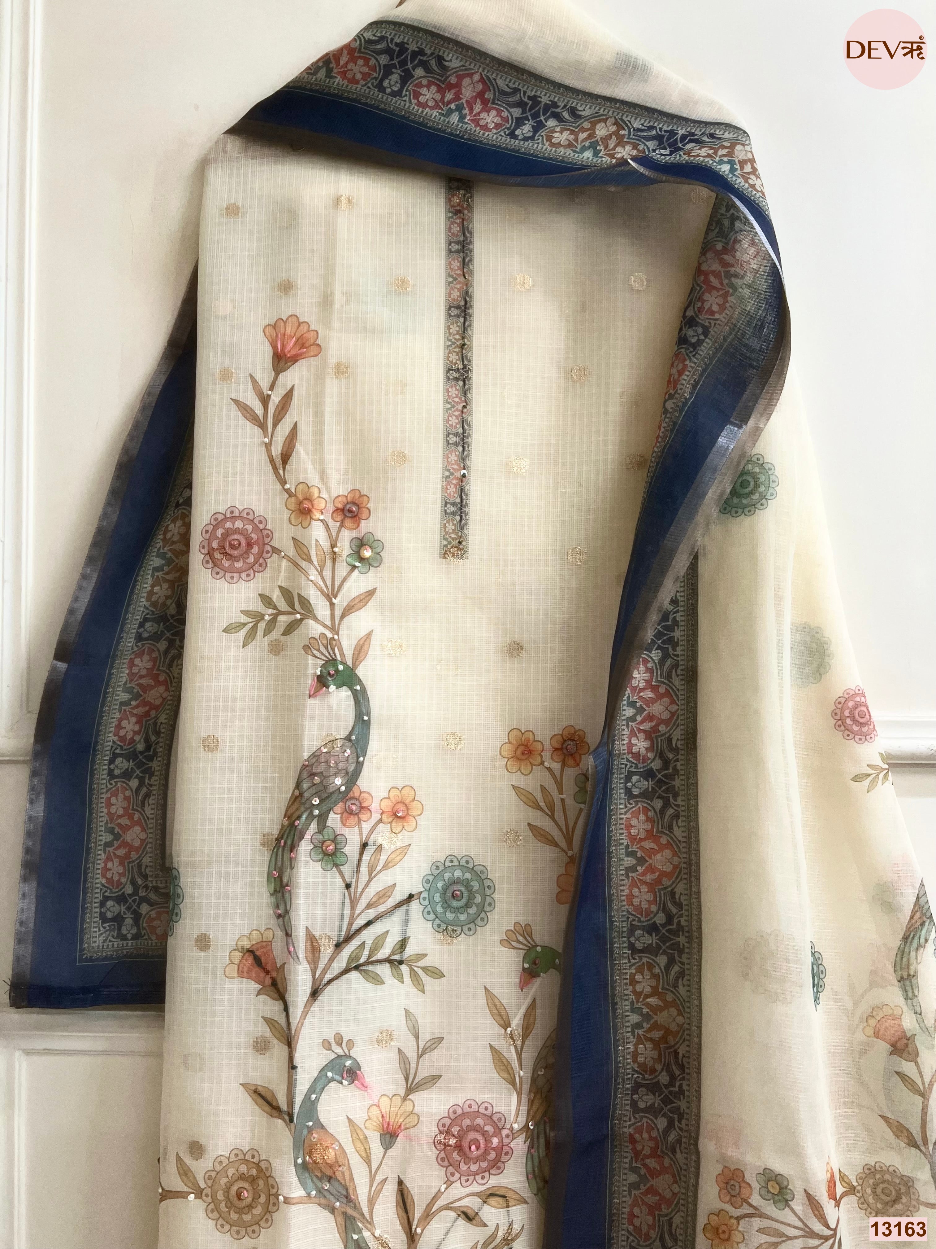 Cream Kota Printed Unstitched 3-Piece Suit (Devri – D.No 13163)