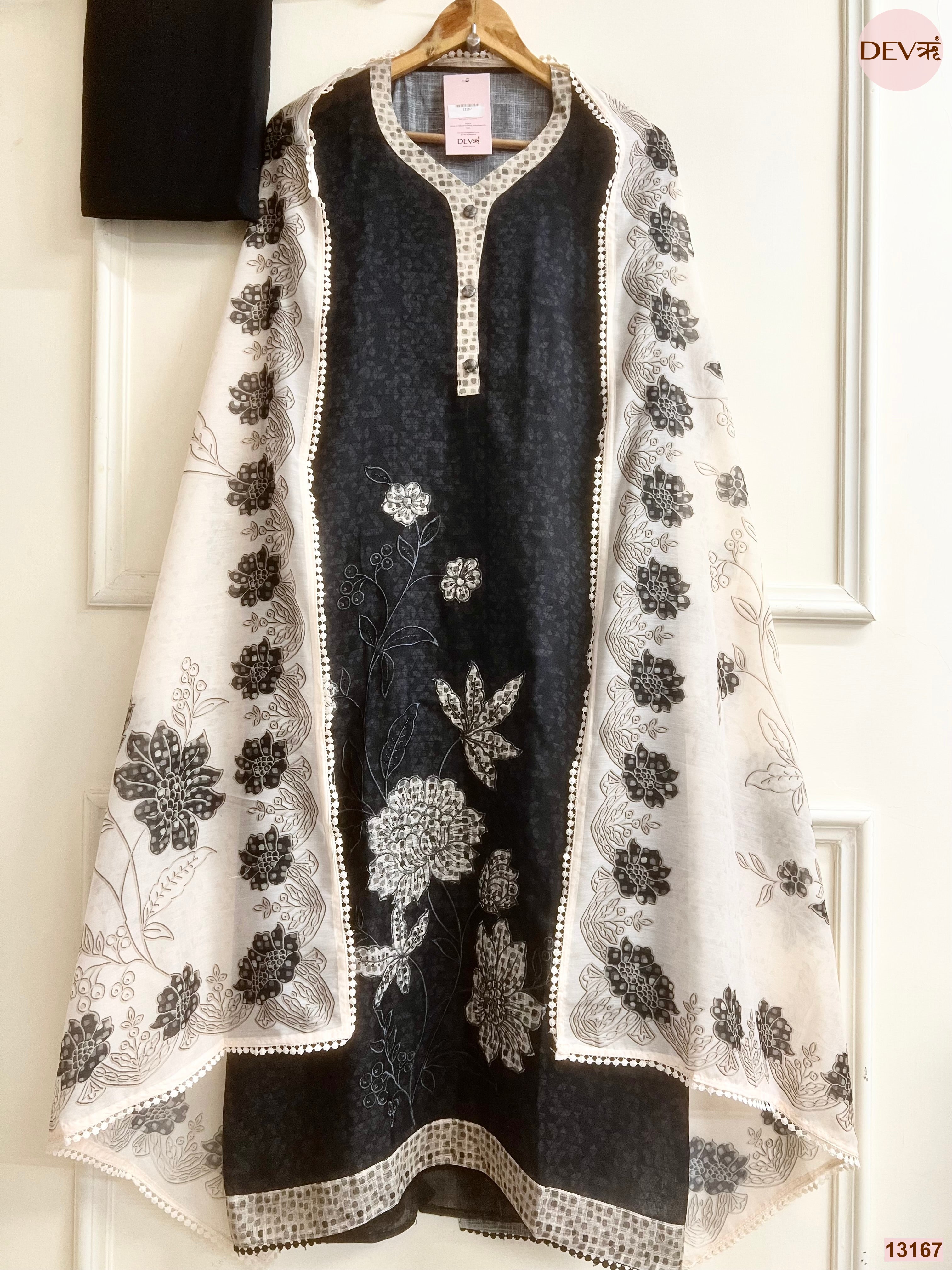 Black Linen Cotton Printed Unstitched 3-Piece Suit (Devri – D.No 13167)