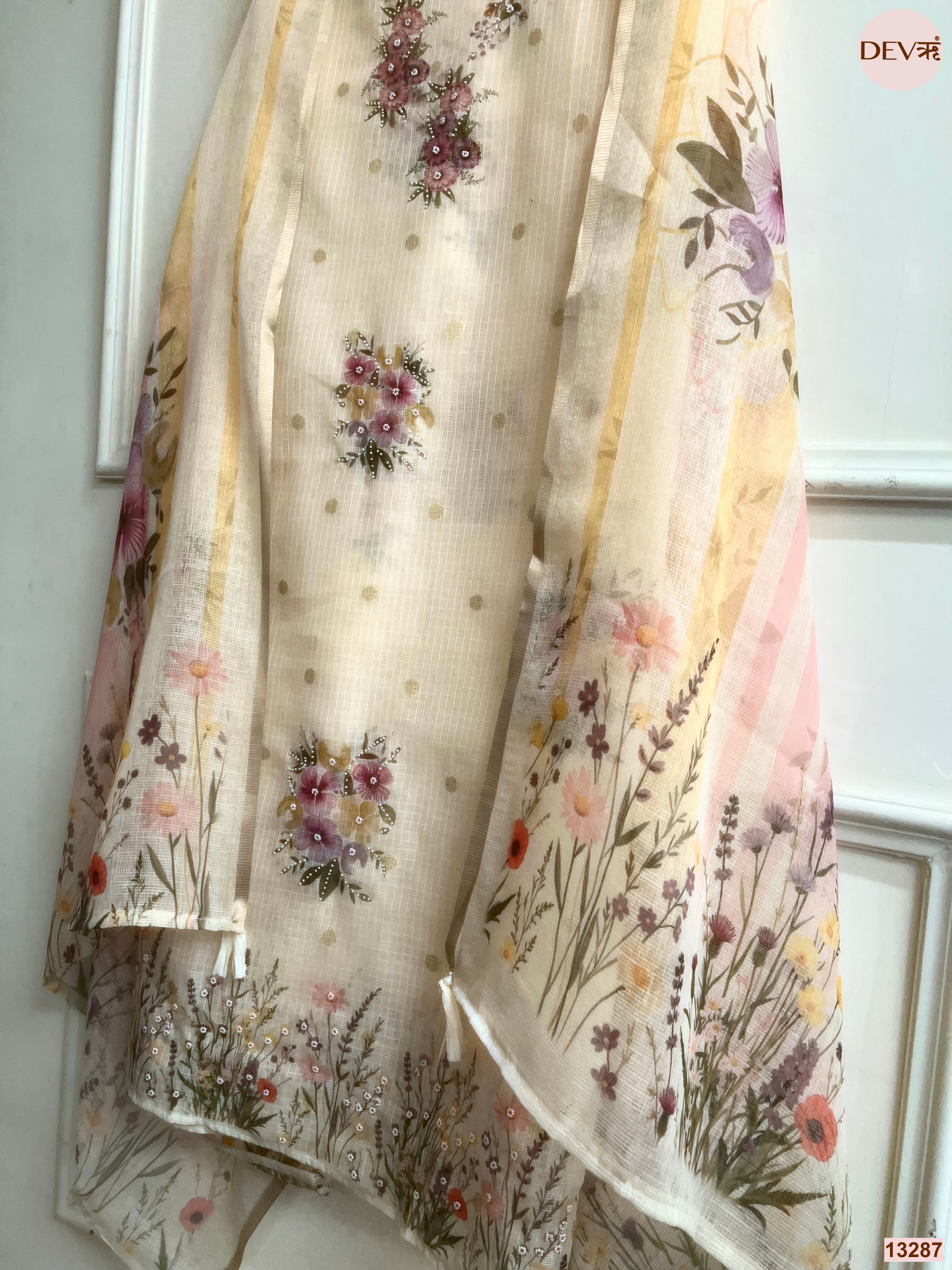 Cream Kota Cotton Printed Unstitched 3-Piece Suit (Devri – D.No 13287)