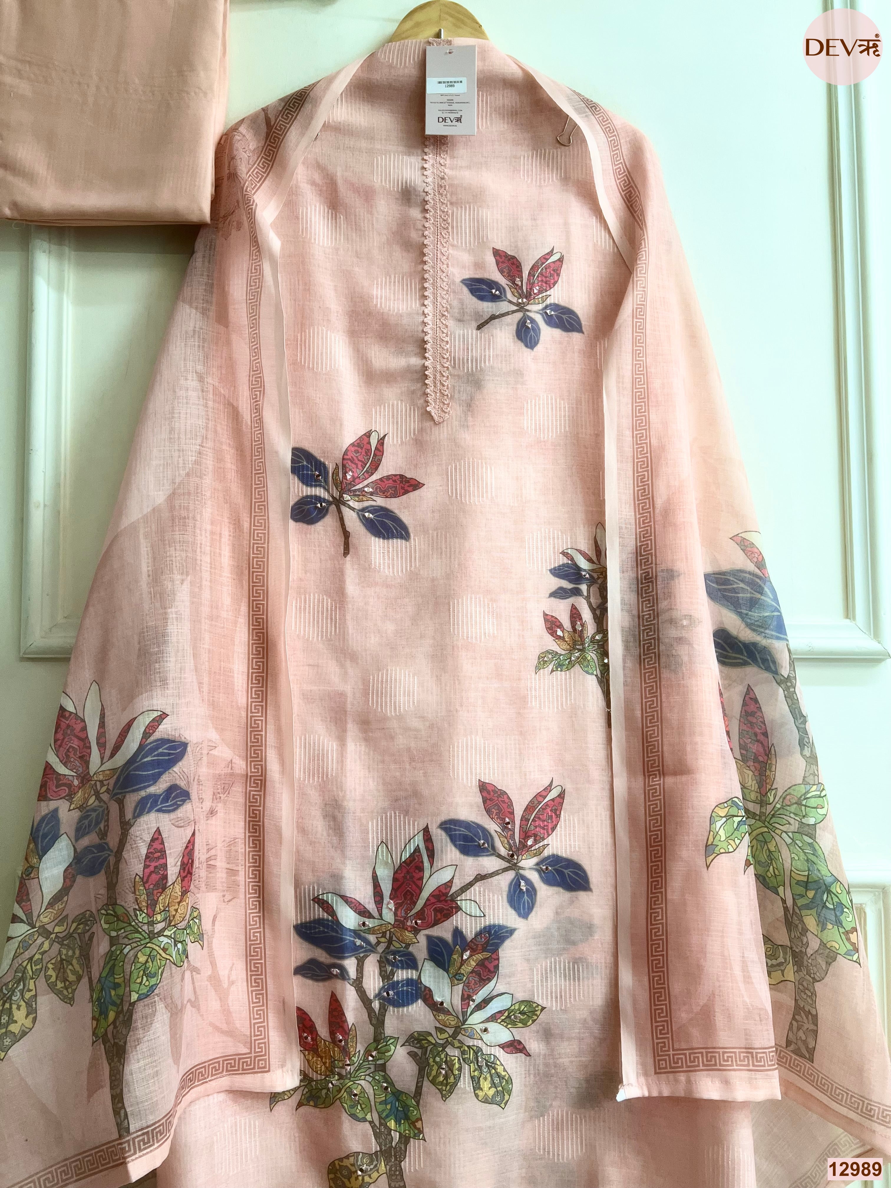 Peach Linen Printed Unstitched 3-Piece Suit (Devri – D.No 12989)