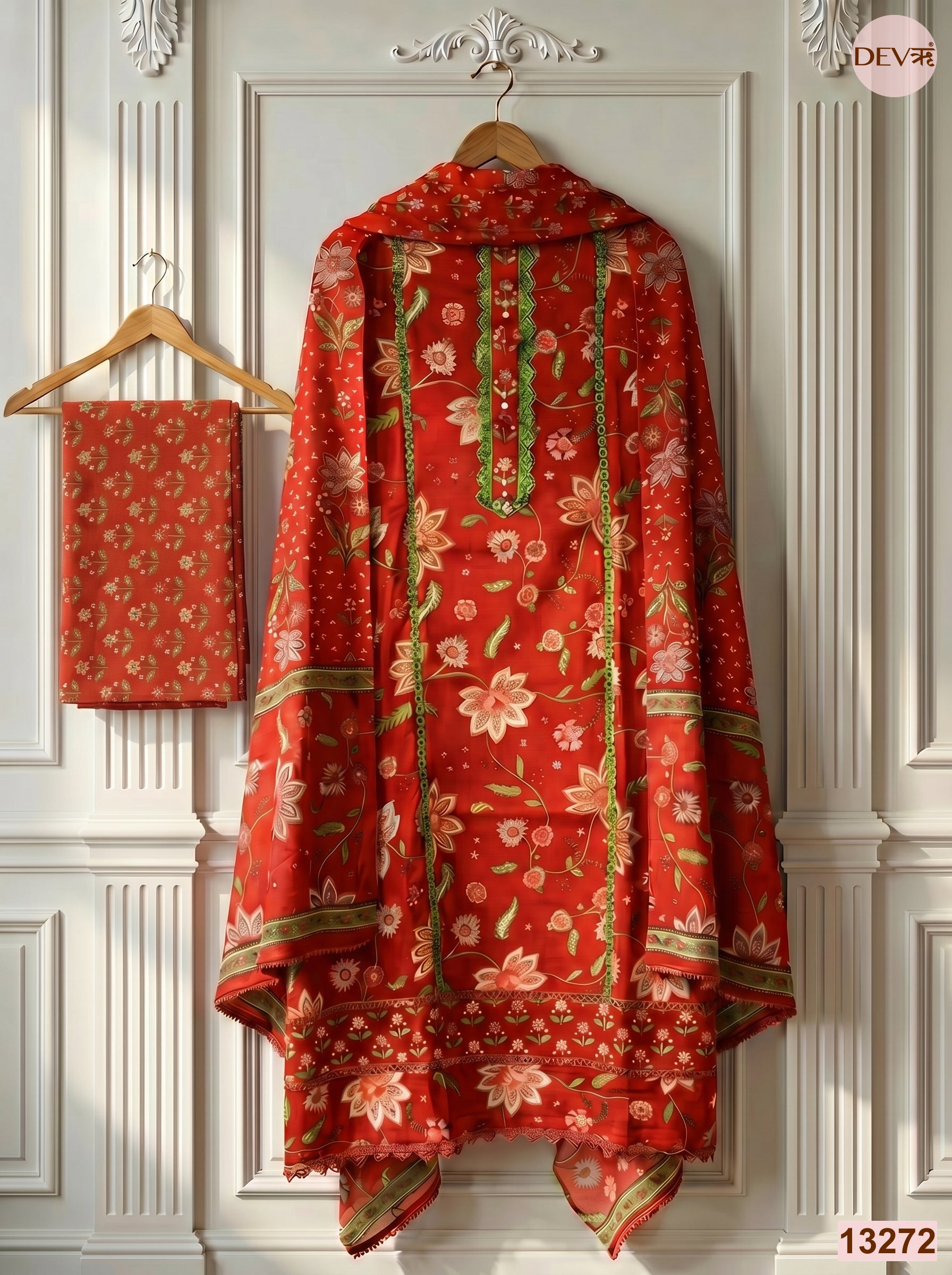 Red Cotton Printed Unstitched 3-Piece Suit (Devri – D.No 13272)