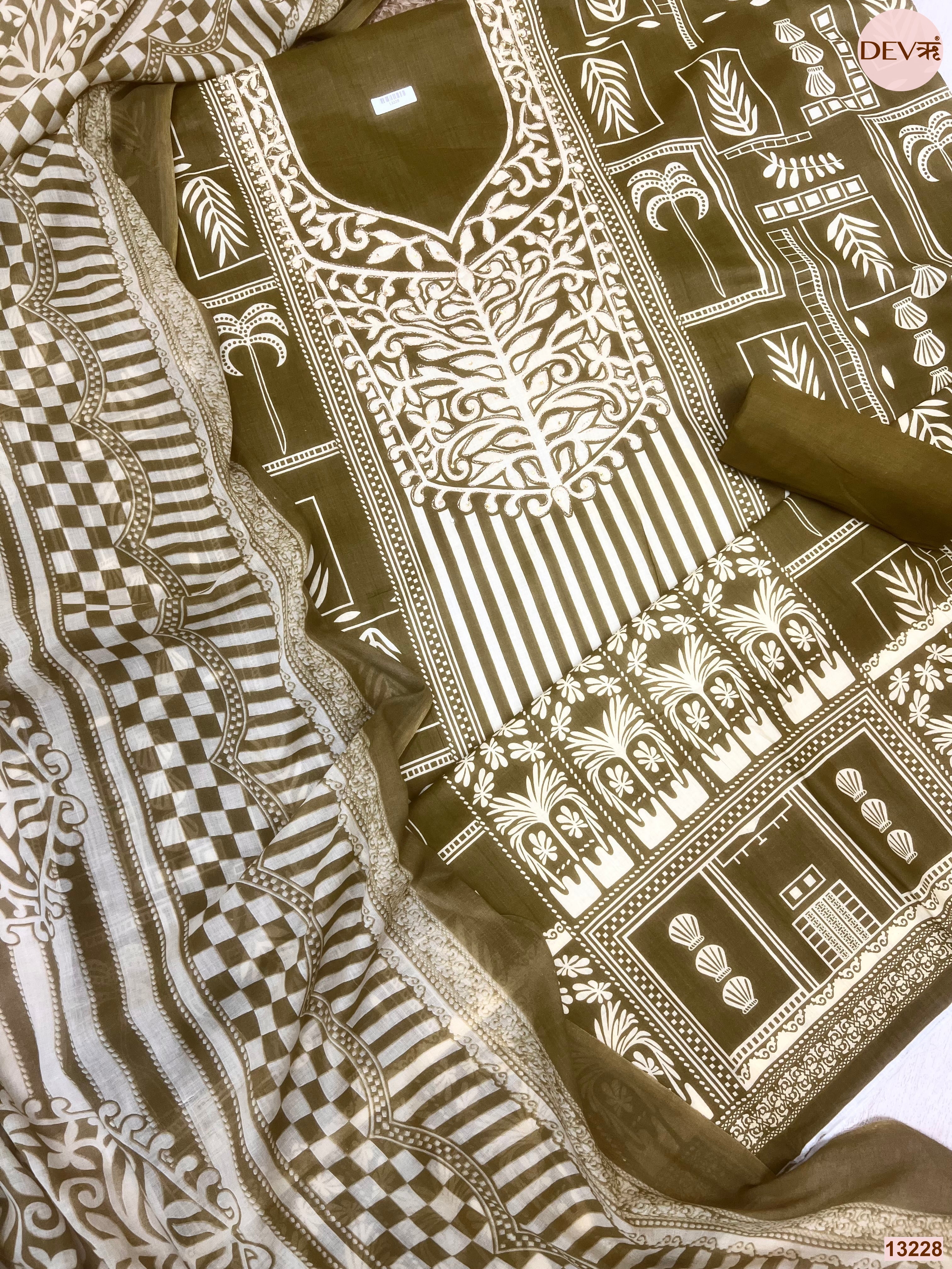 Olive Cotton Printed Unstitched 3-Piece Suit (Devri – D.No 13228)