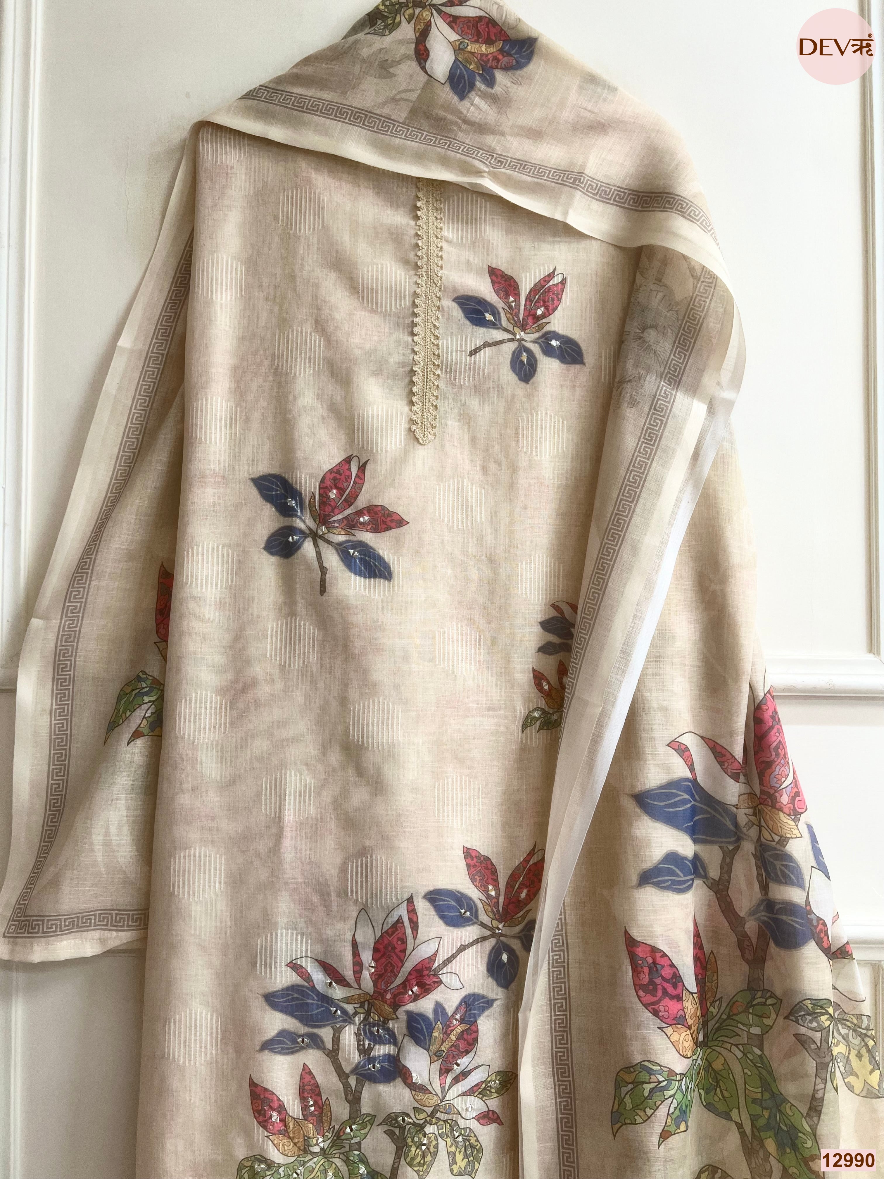 Cream Linen Printed Unstitched 3-Piece Suit (Devri – D.No 12990)