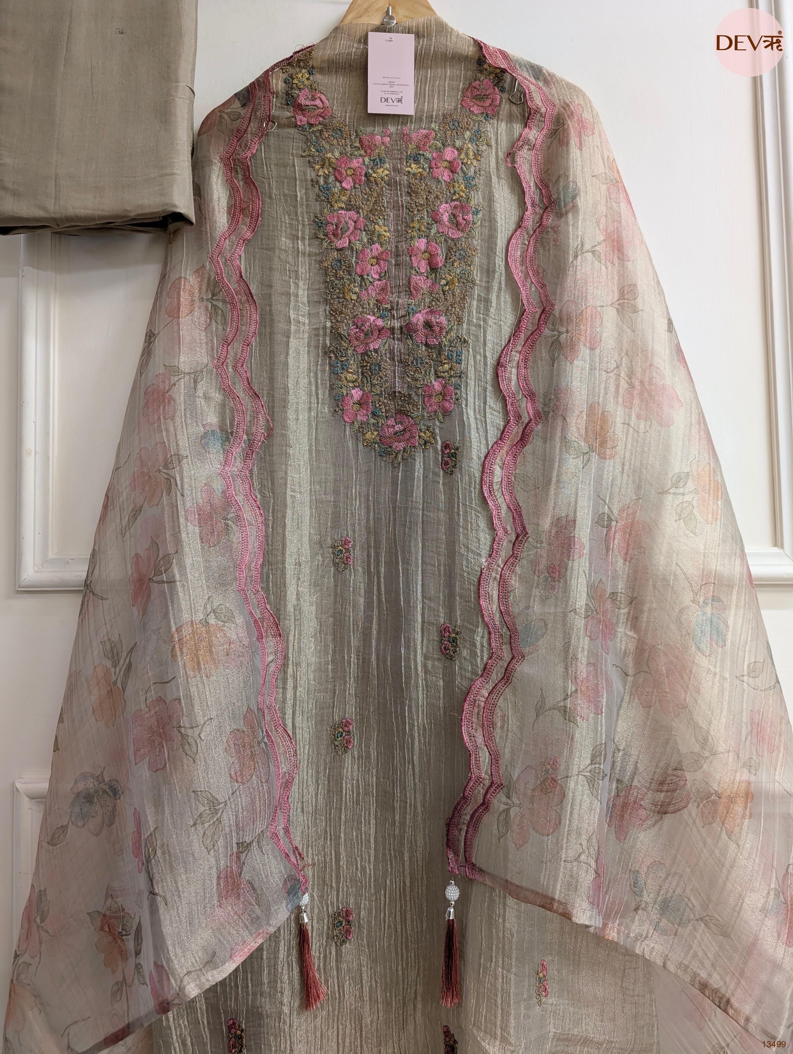 Beige Tissue Crush Silk Embroidered Unstitched 3-Piece Suit (Devri – D.No 13499)