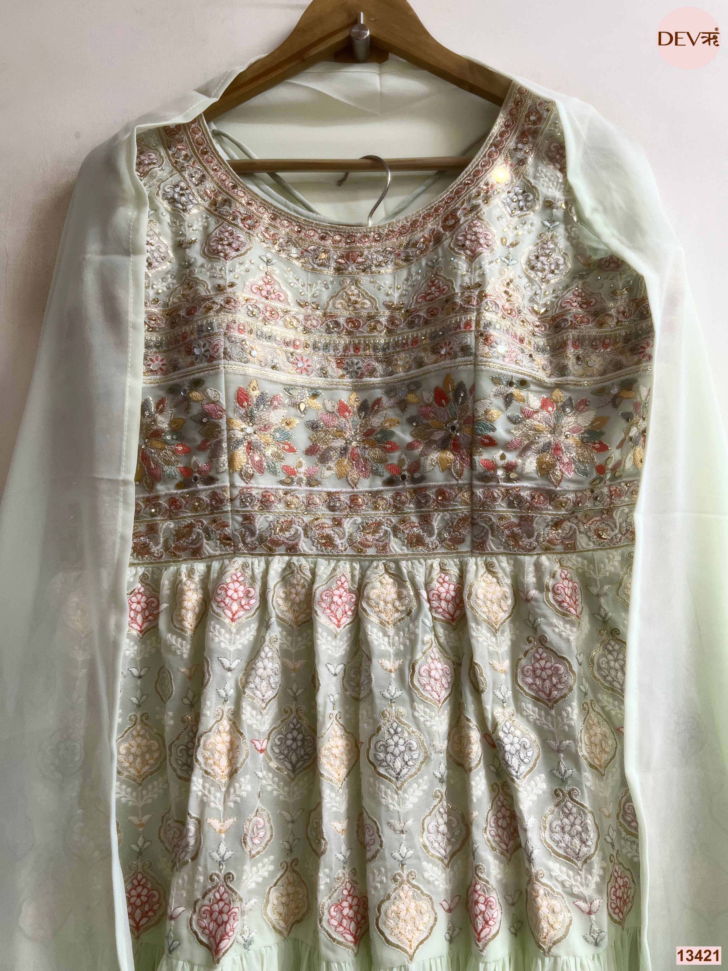 Gulnaar Georgete Embroidered Mint Green 3-Piece Set (Devri – D.No 13421)