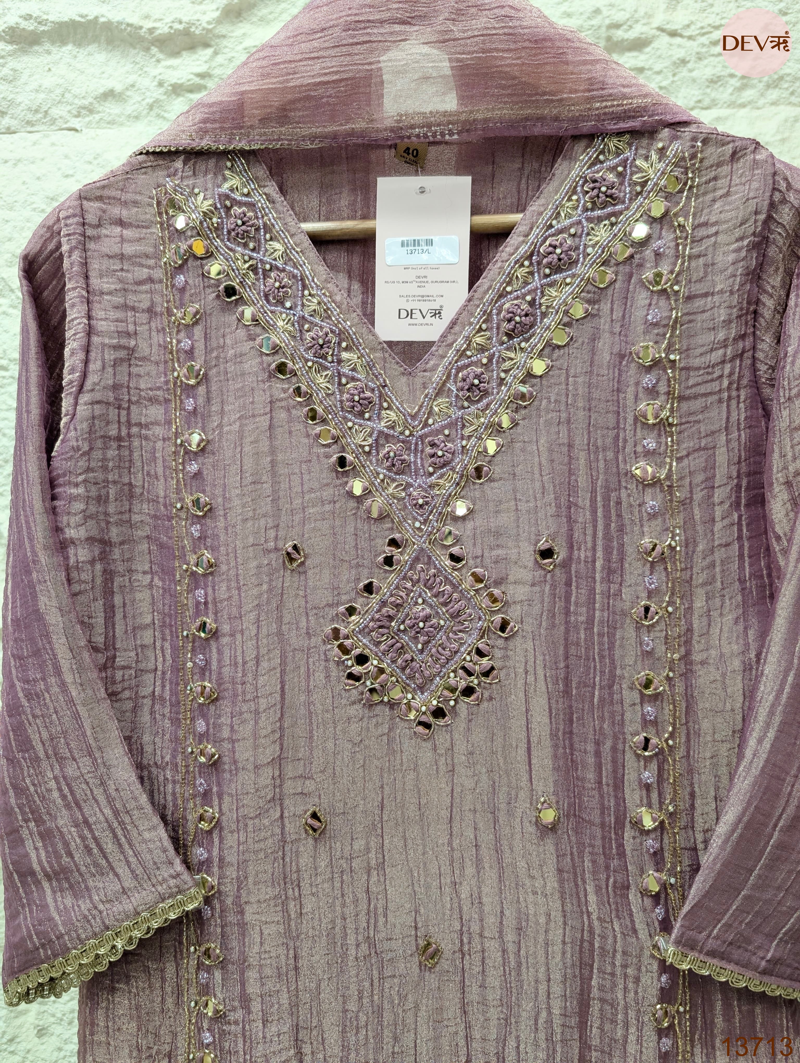 Gulnaar Tissue silk Embroidered Mauve 3-Piece Set (Devri – D.No 13713)