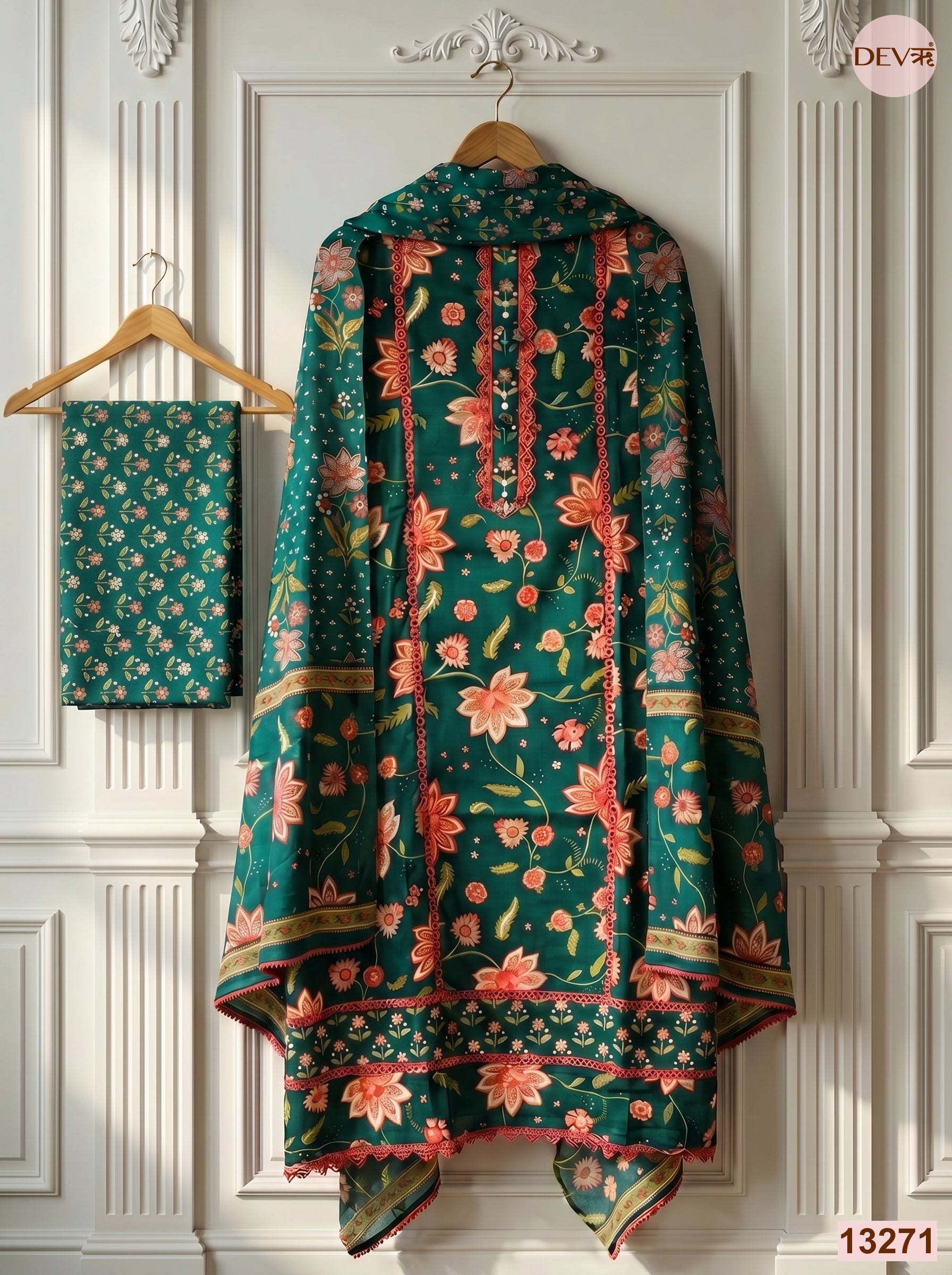Teal Cotton Printed Unstitched 3-Piece Suit (Devri – D.No 13271)