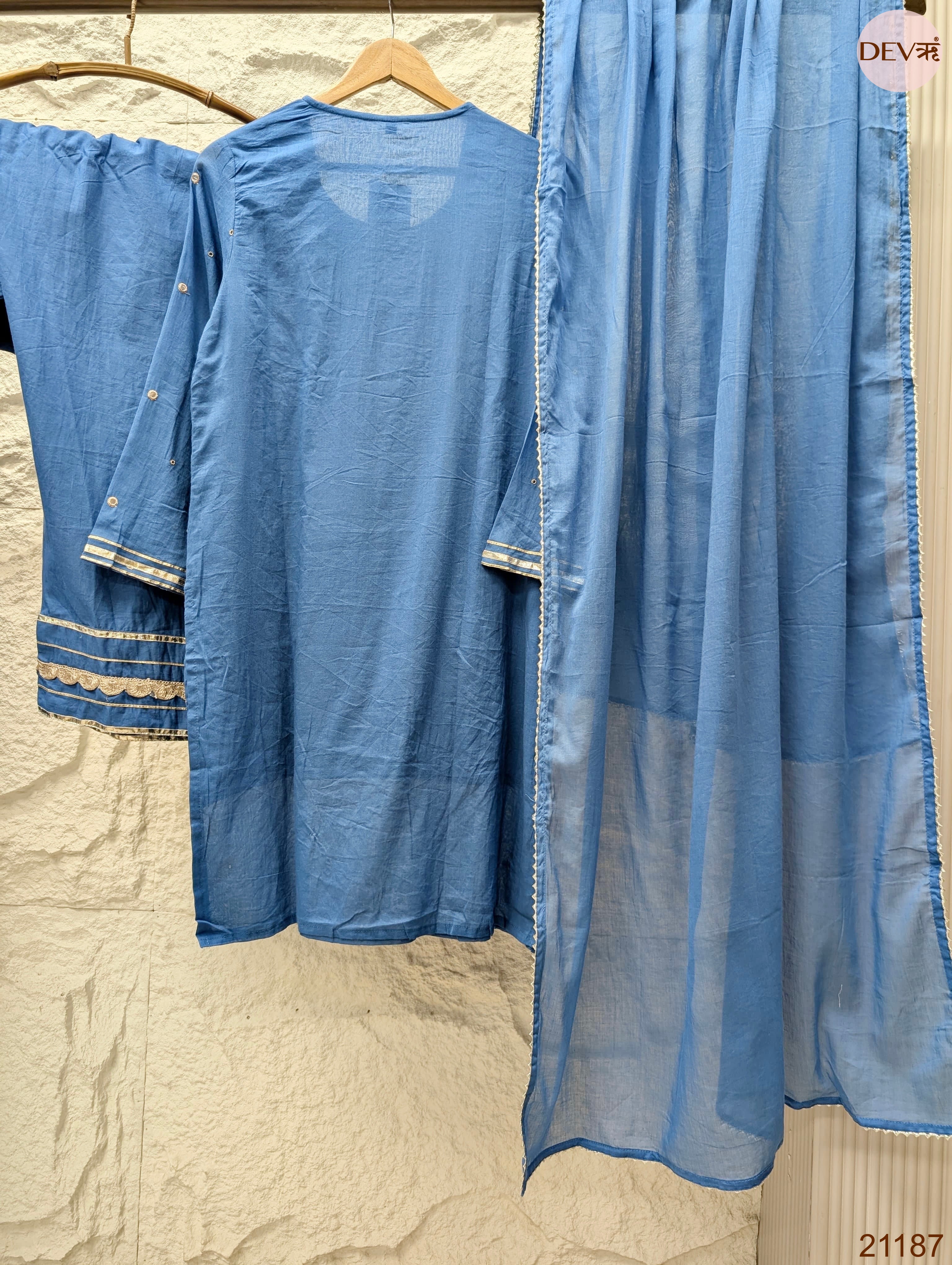 Neelika Pure mul cotton Embroidered Blue 3-Piece Set (Devri – D.No 21187)