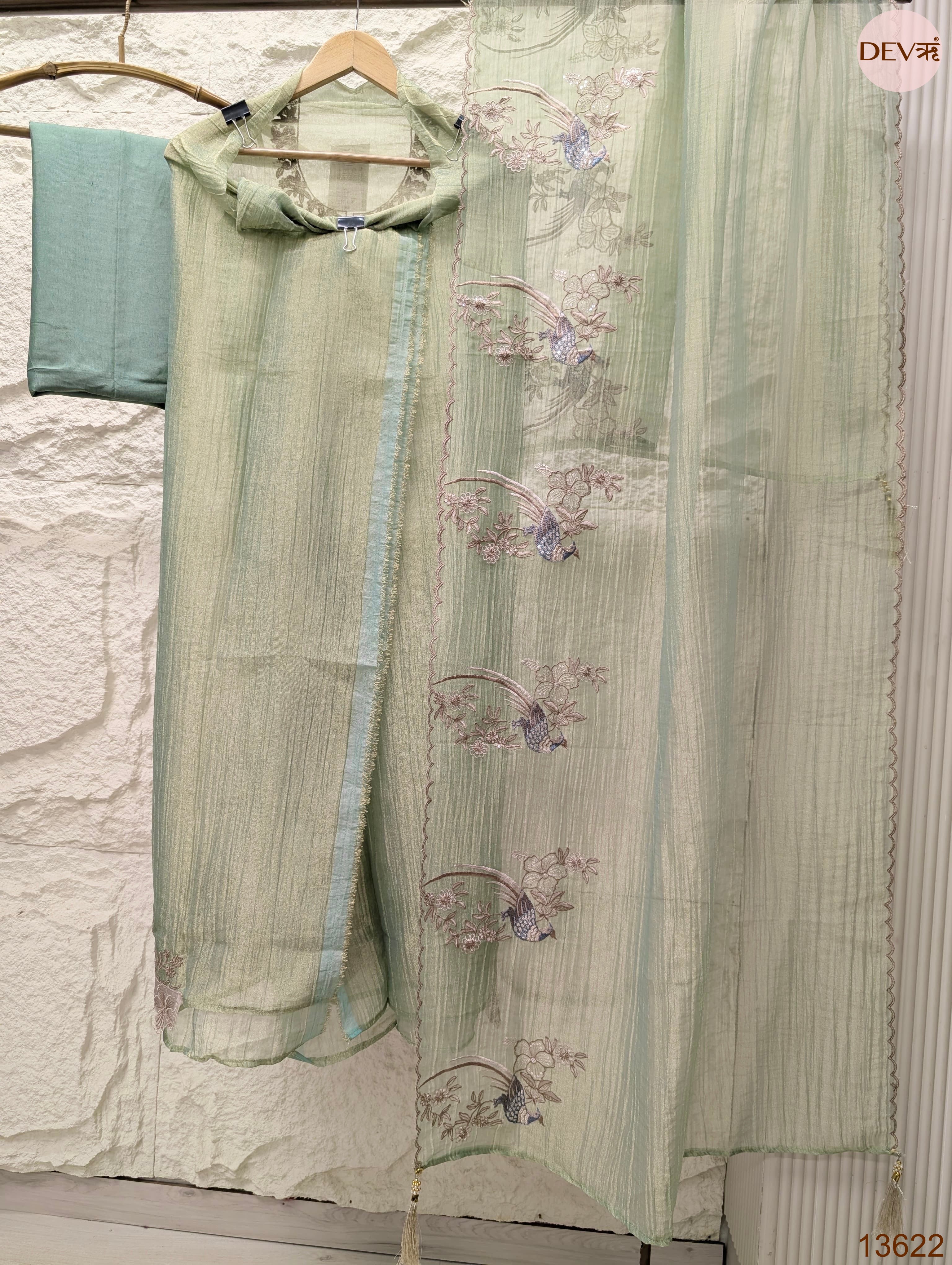 Green Tissue Crush Silk Embroidered Unstitched 3-Piece Suit (Devri – D.No 13622)