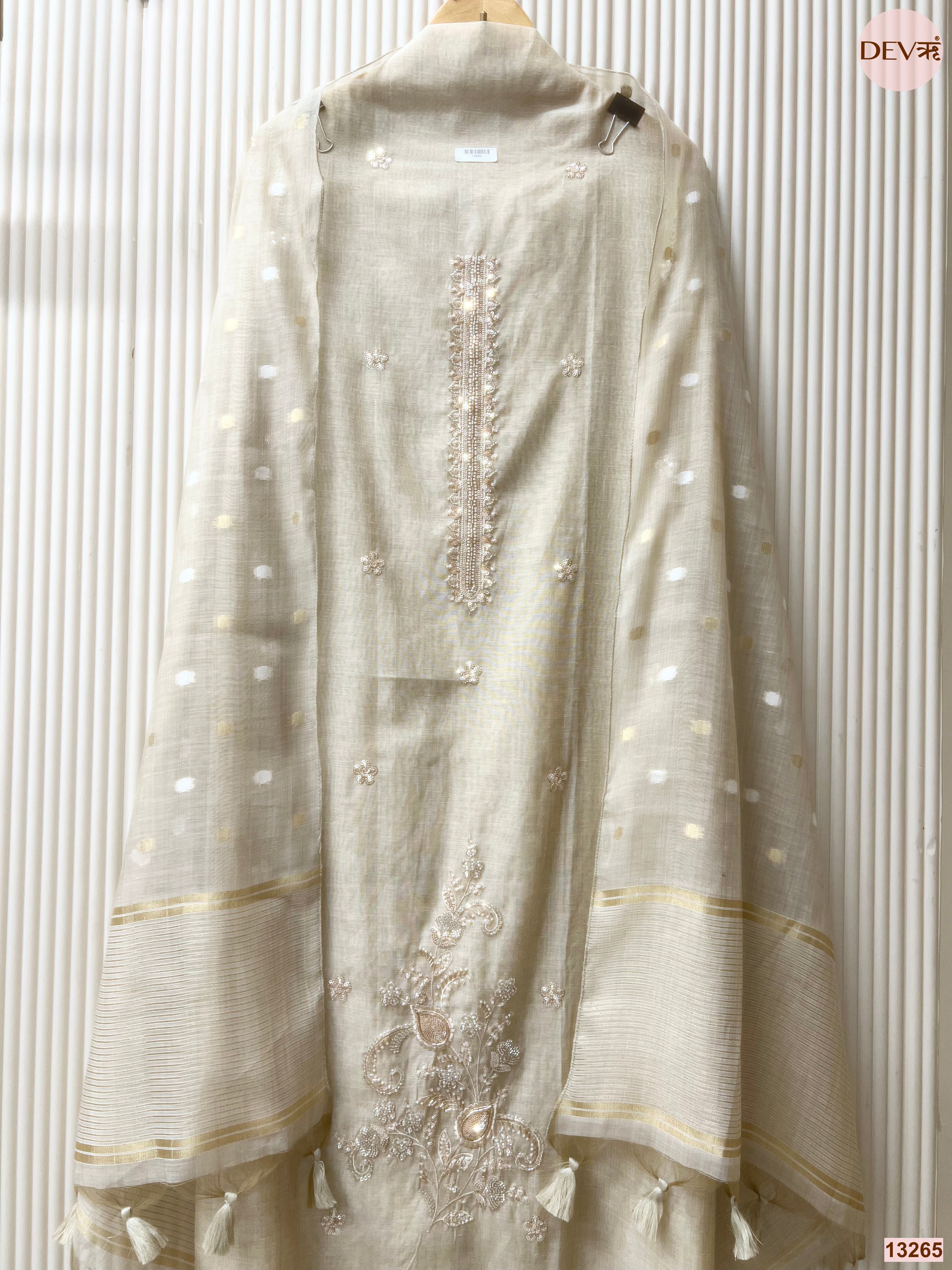 Cream Mul Chanderi Embroidered Unstitched 3-Piece Suit (Devri – D.No 13265)