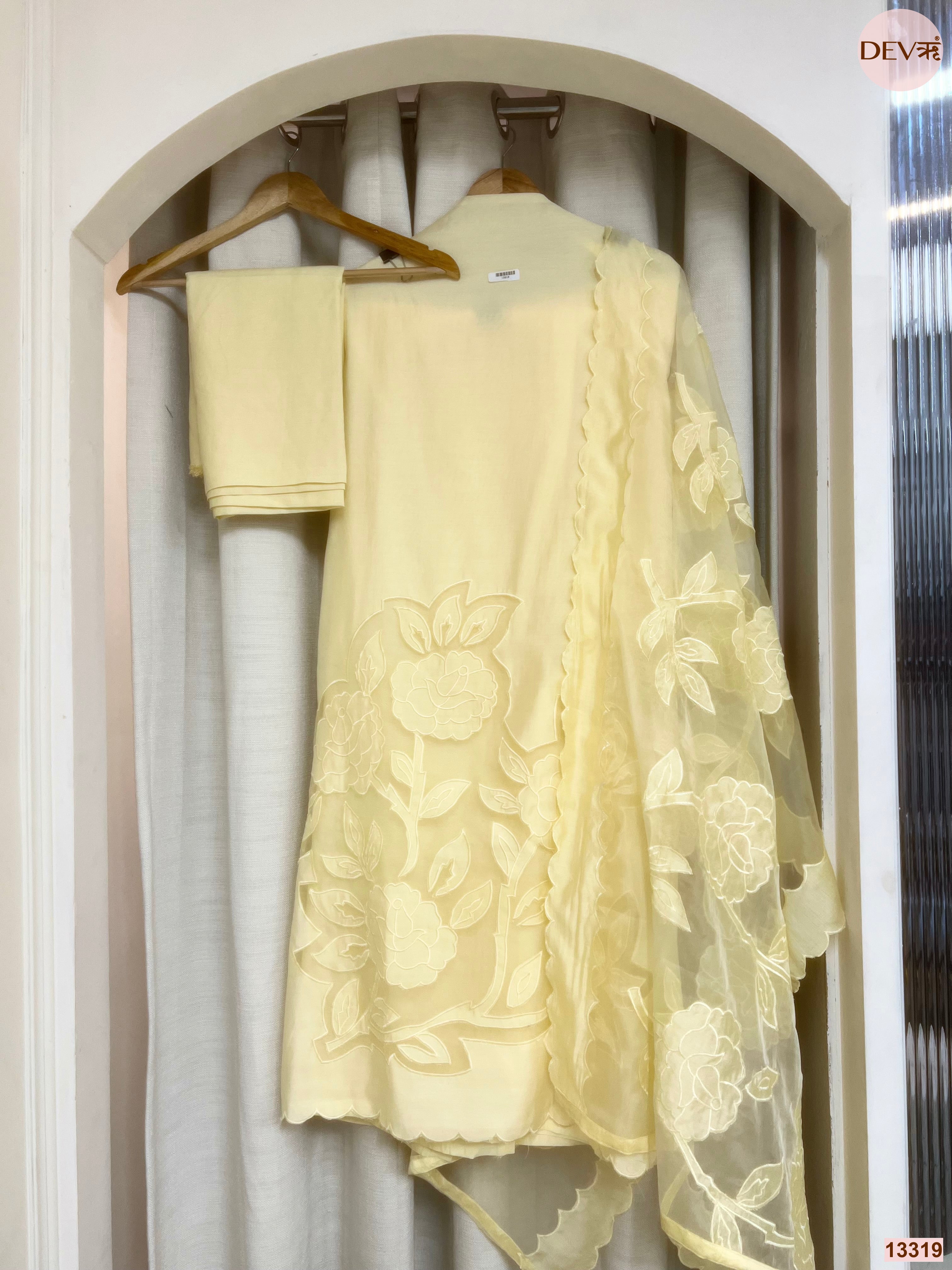 Yellow Roman Silk Embroidered Unstitched 3-Piece Suit (Devri – D.No 13319)