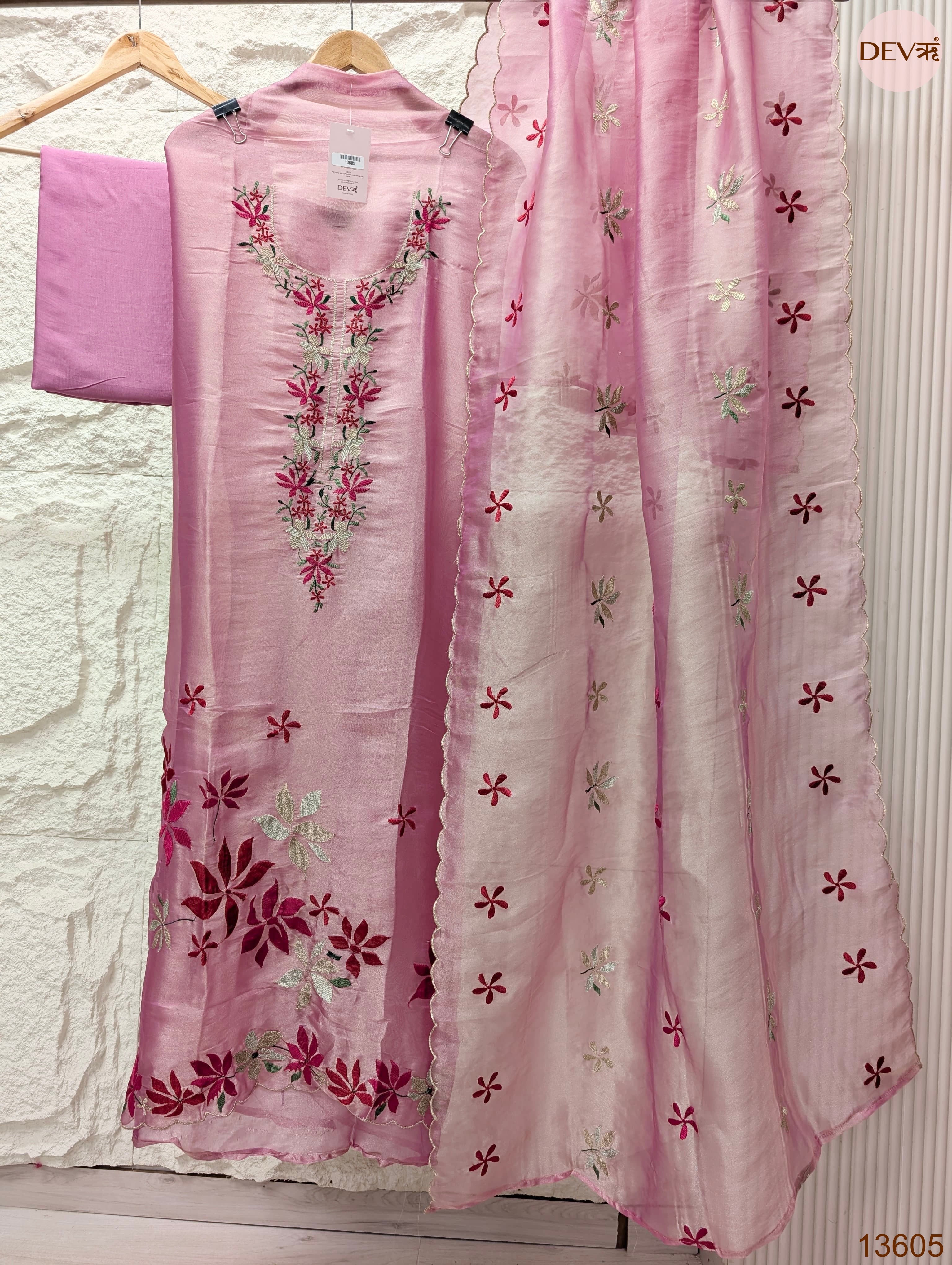 Pink Crush Tissue Silk Embroidered Unstitched 3-Piece Suit (Devri – D.No 13605)