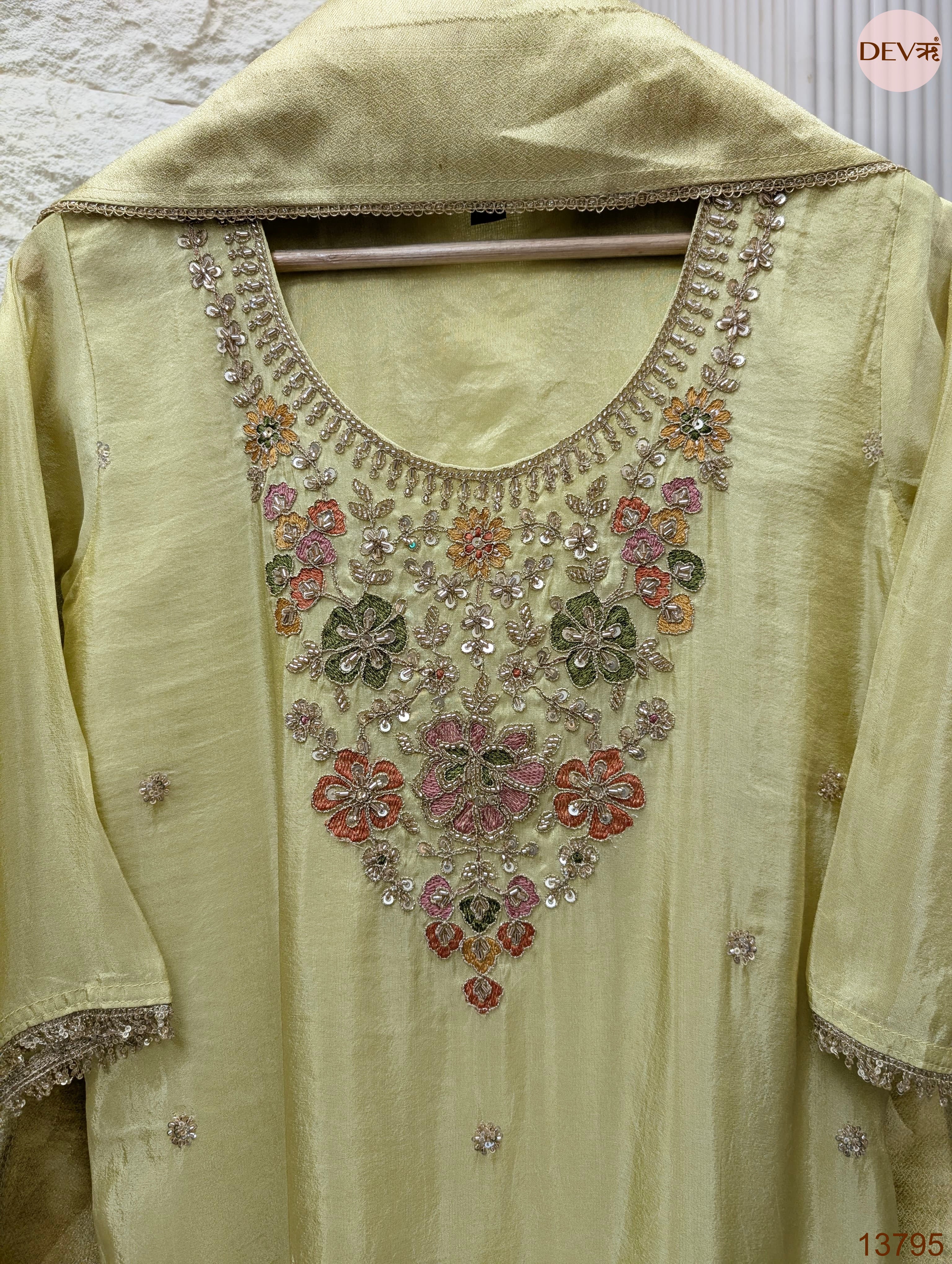 Gulnaar Tissue silk Embroidered Lime Green 3-Piece Set (Devri – D.No 13795)
