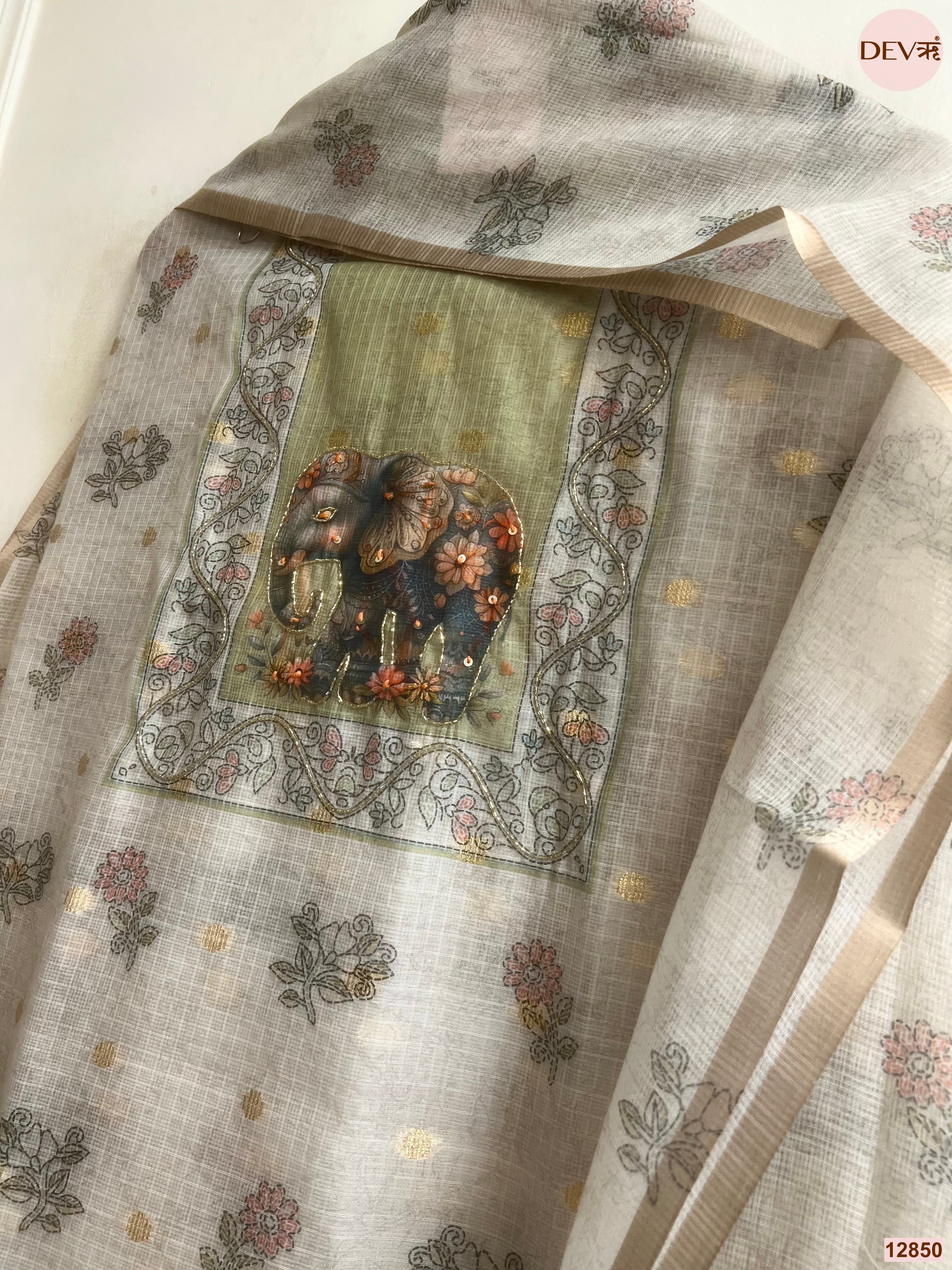 Olive Linen Cotton Printed Unstitched 3-Piece Suit (Devri – D.No 12850)