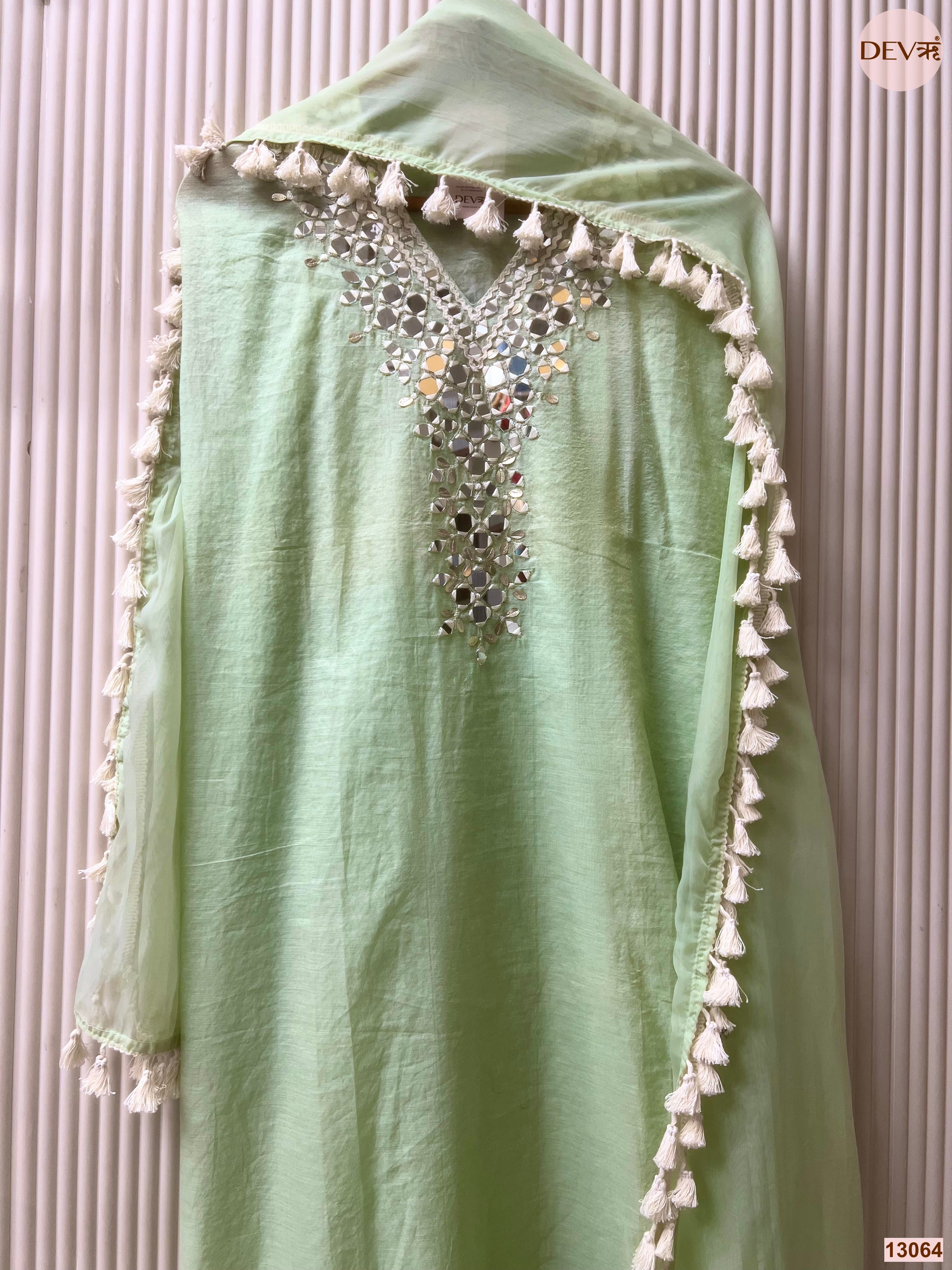 Mint Mul Cotton Hand Unstitched 3-Piece Suit (Devri – D.No 13064)