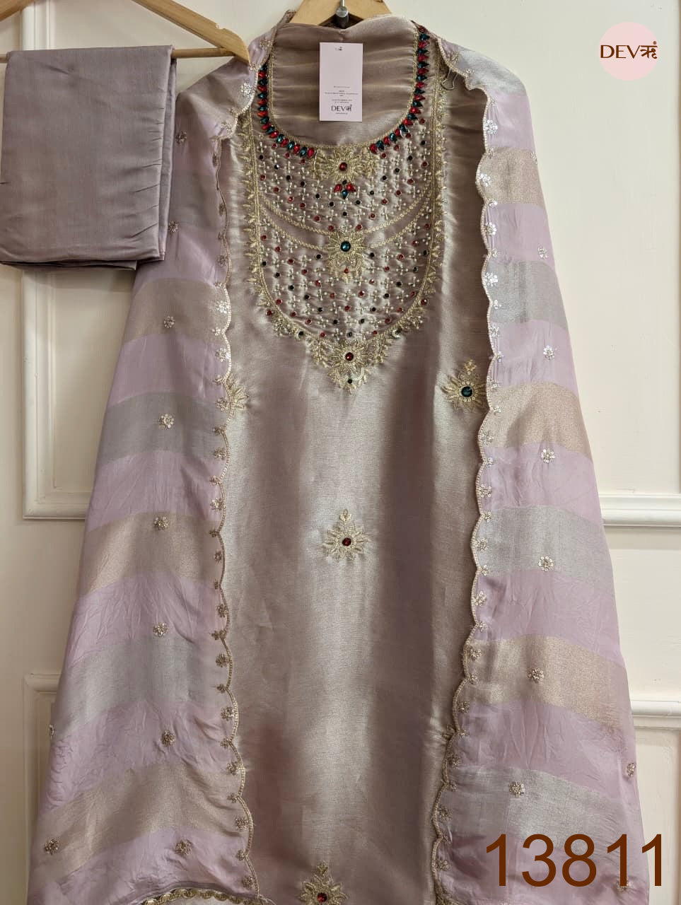 Lavender Pure Tissue Giraffe Silk Embroidered Unstitched 3-Piece Suit (Devri – D.No 13811)