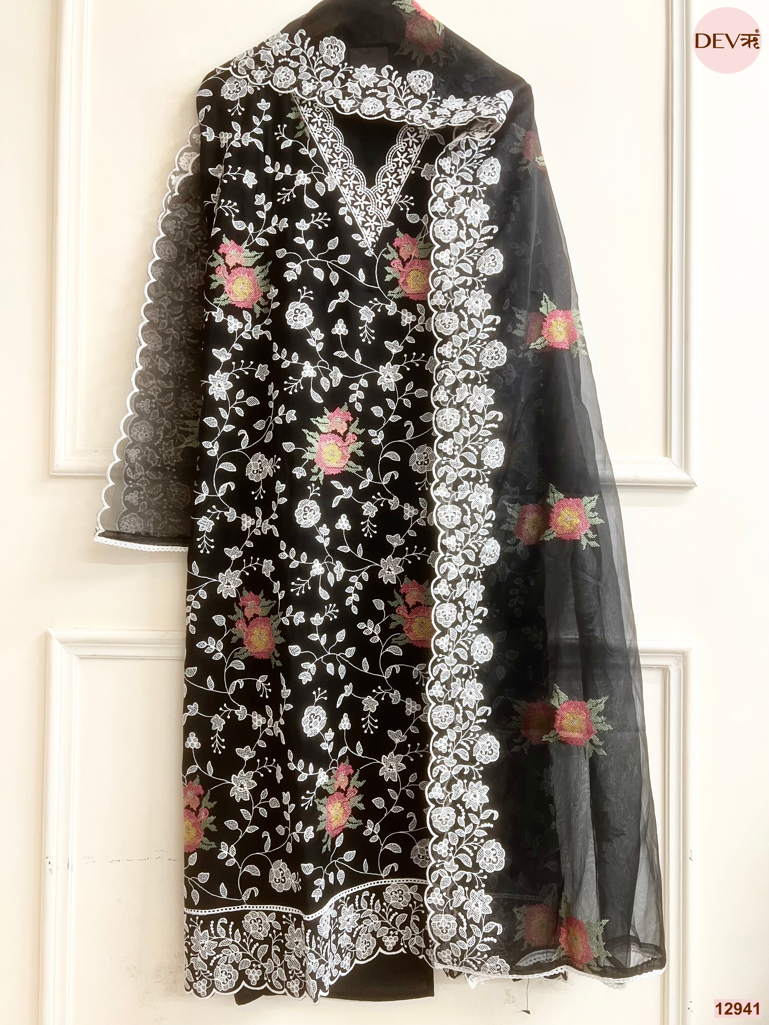 Black Organza Embroidered Unstitched 3-Piece Suit (Devri – D.No 12941)