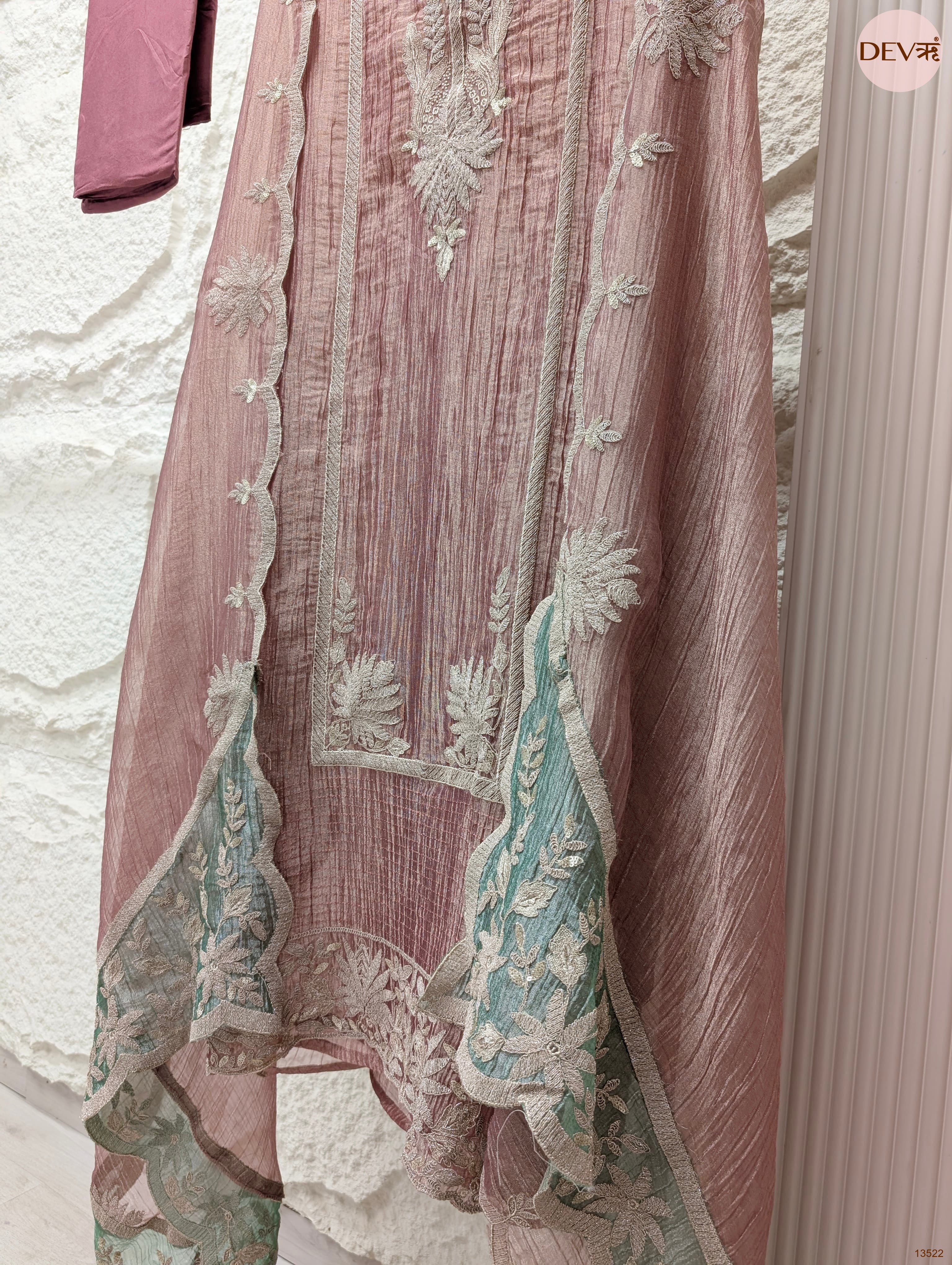 Pink Tissue Crush Silk Embroidered Unstitched 3-Piece Suit (Devri – D.No 13522)
