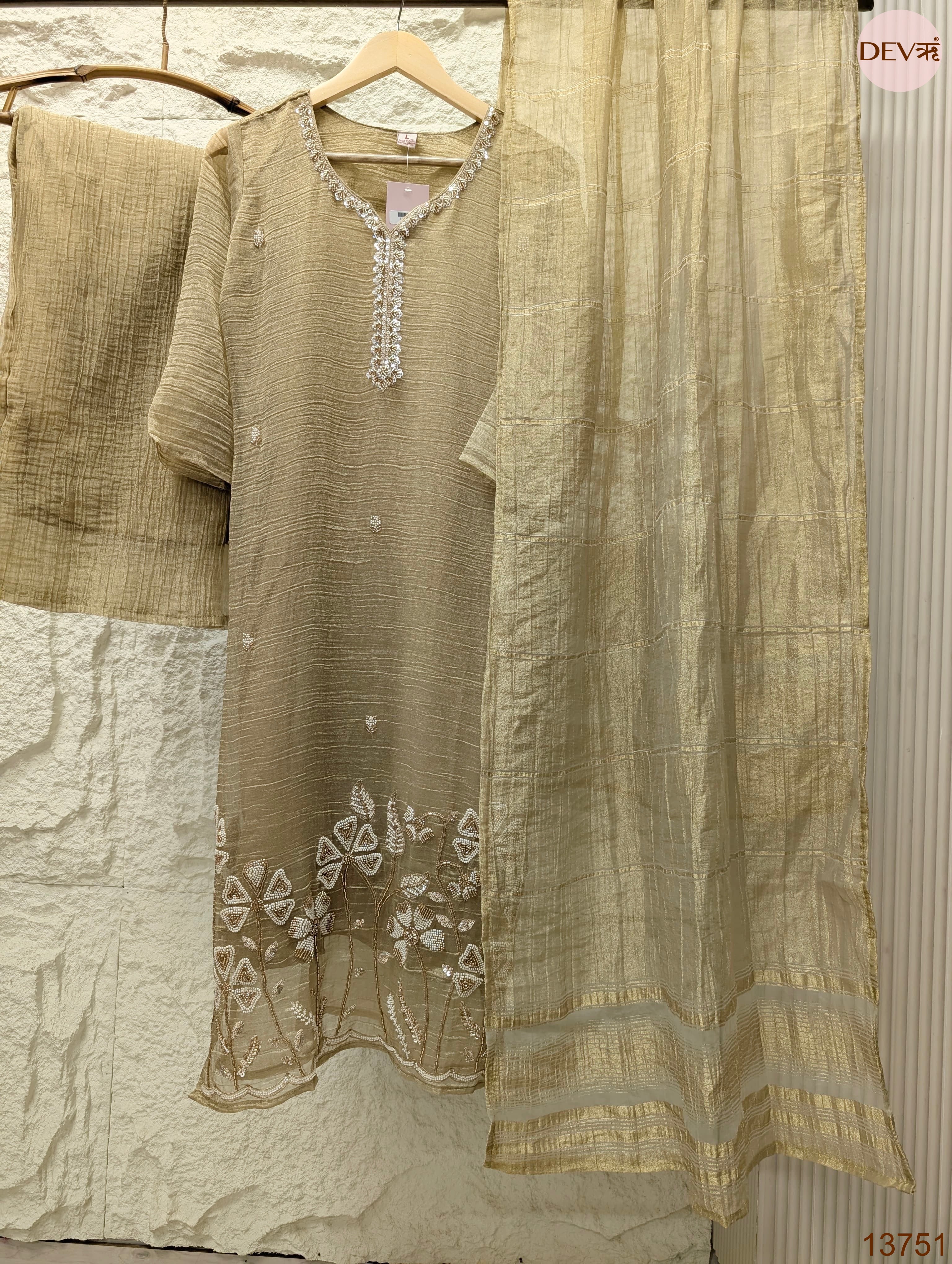 Zarmina Tissue crush Silk Embroidered Beige 3-Piece Set (Devri – D.No 13751)