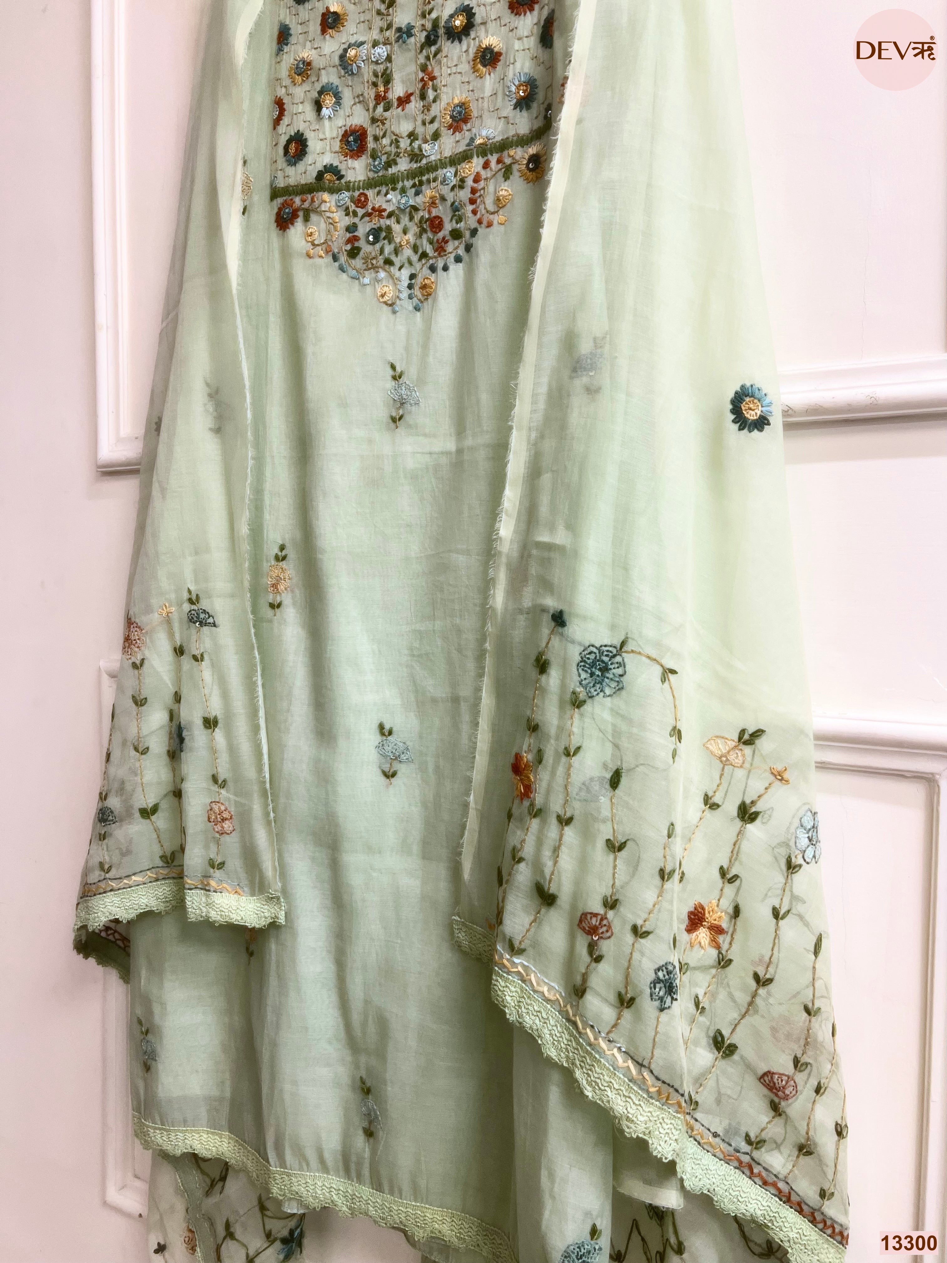 Mint Mul Chanderi Embroidered Unstitched 3-Piece Suit (Devri – D.No 13300)