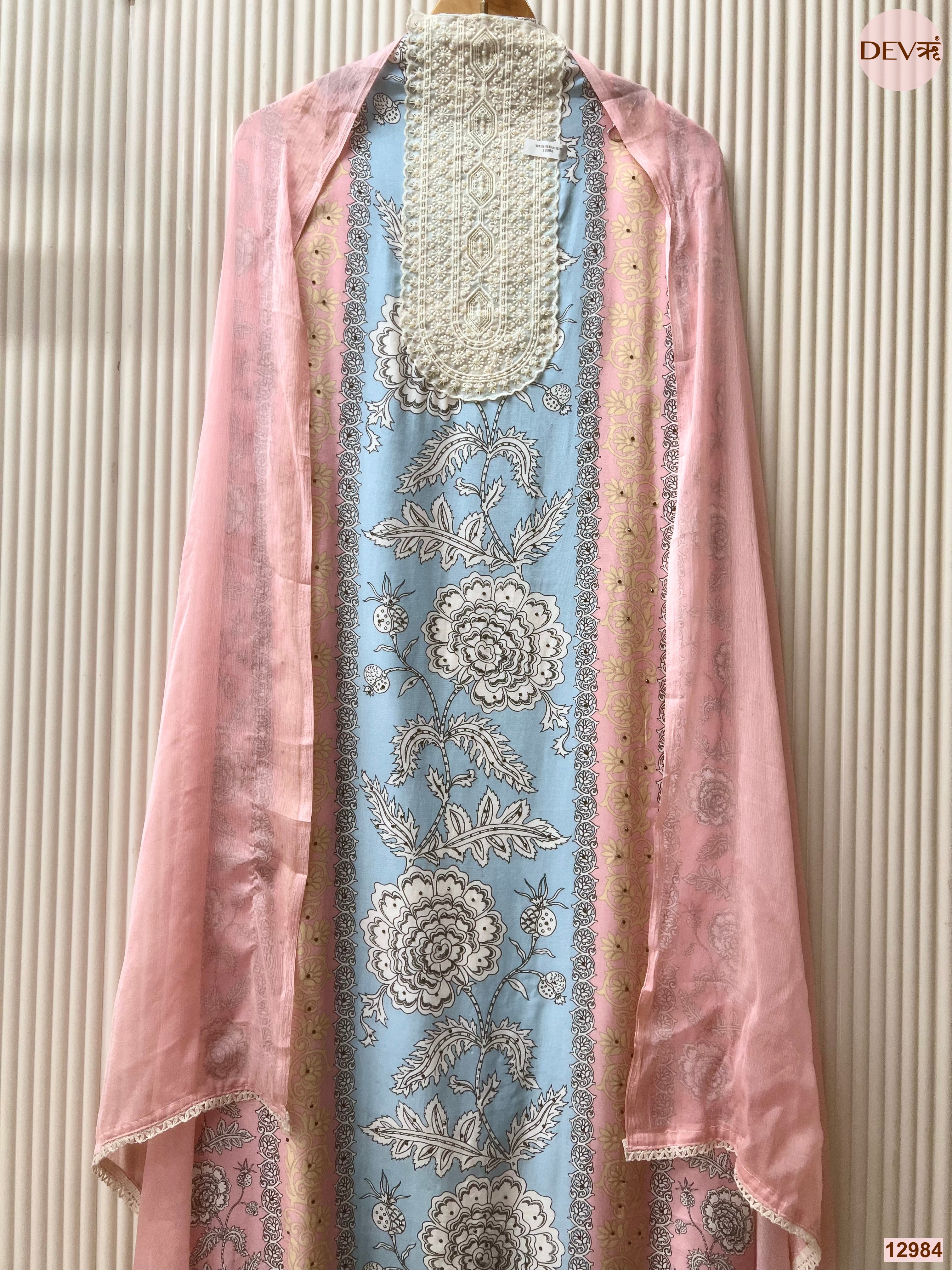 Blue Muslin Printed Unstitched 3-Piece Suit (Devri – D.No 12984)