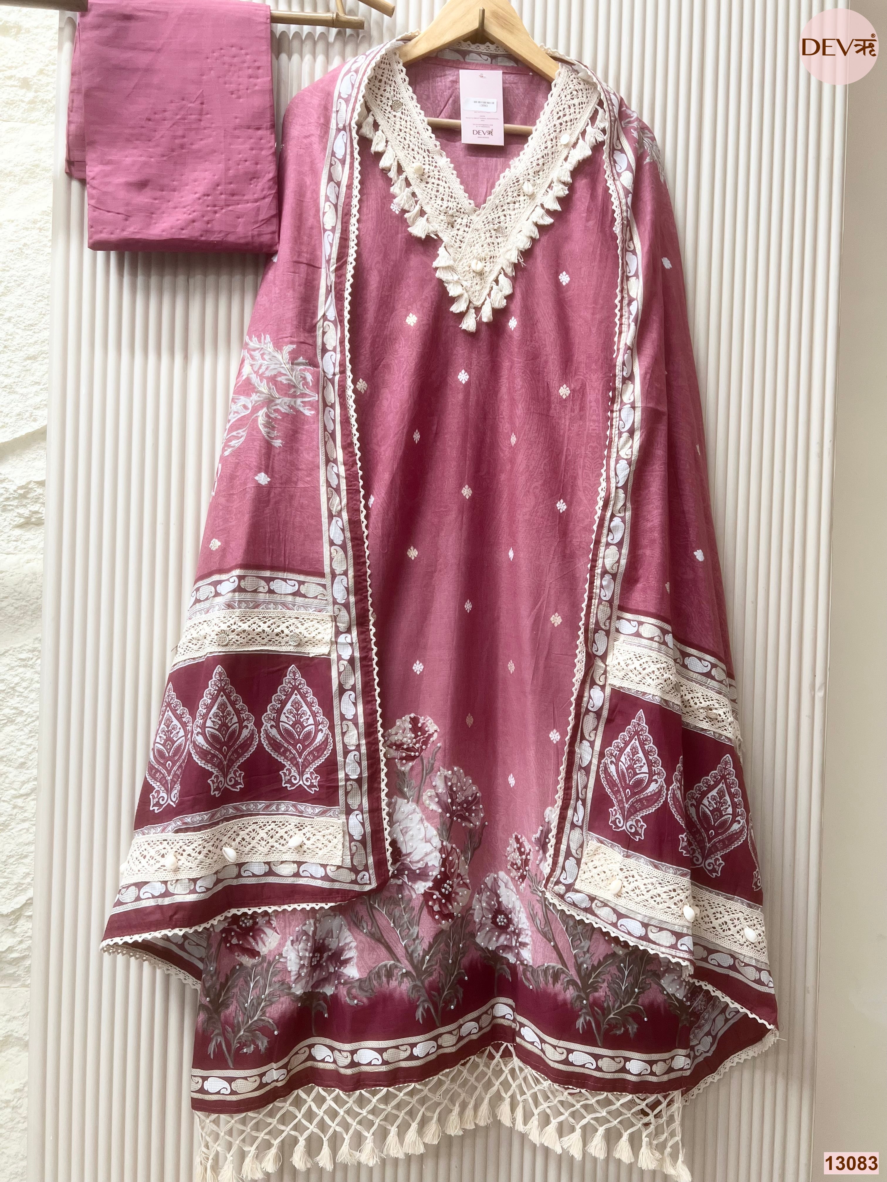 Pink Cotton Printed Unstitched 3-Piece Suit (Devri – D.No 13083)