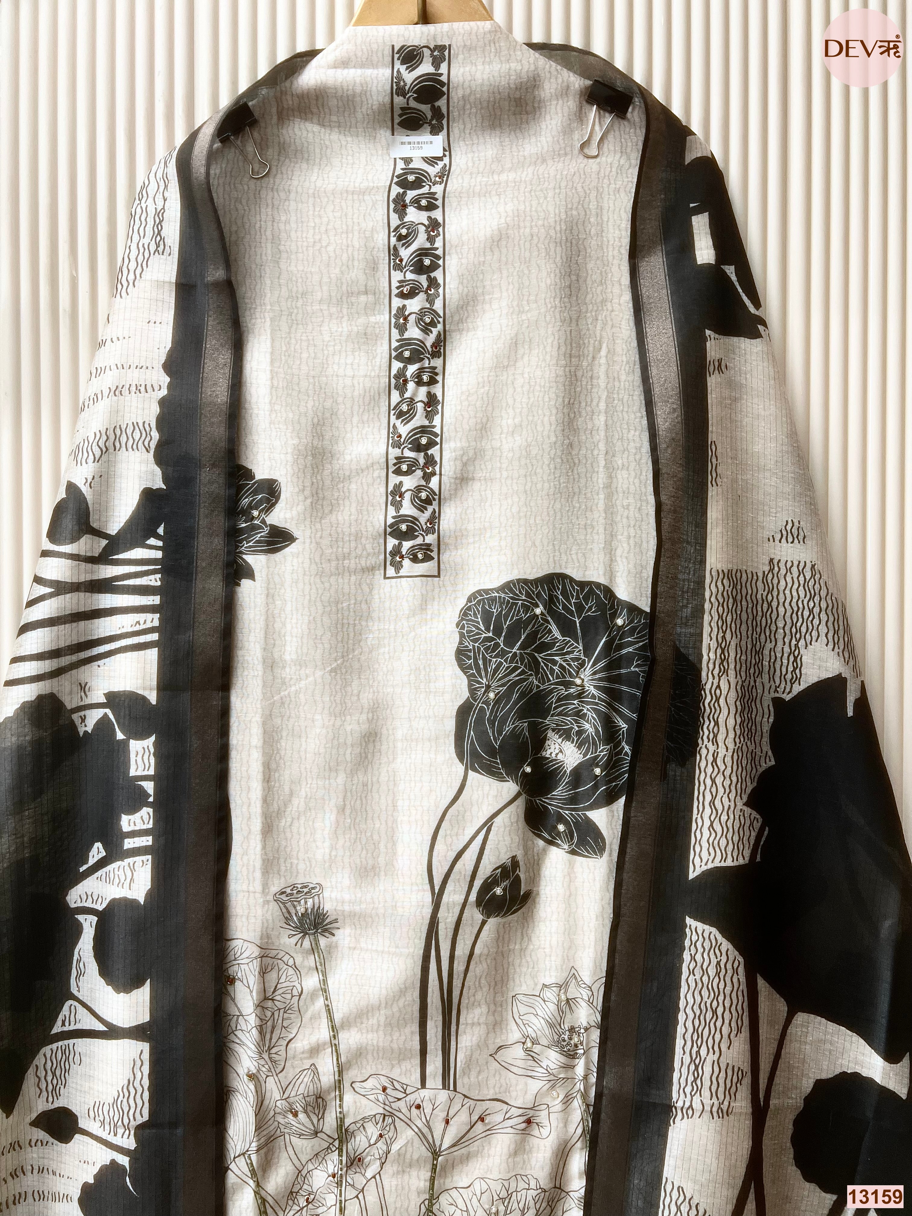 White Mul Chanderi Printed Unstitched 3-Piece Suit (Devri – D.No 13159)