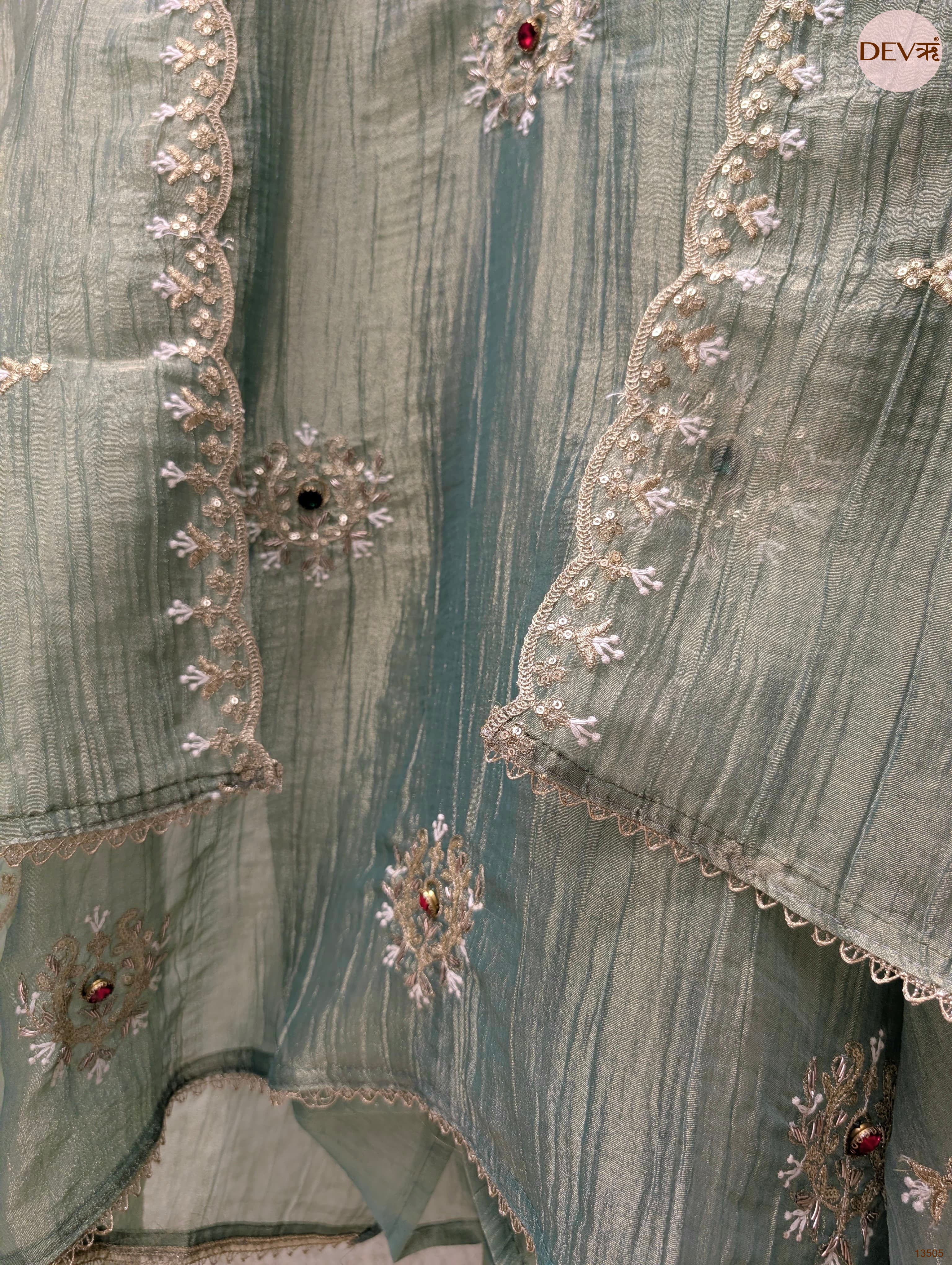 Green Tissue Crush Silk Embroidered Unstitched 3-Piece Suit (Devri – D.No 13505)