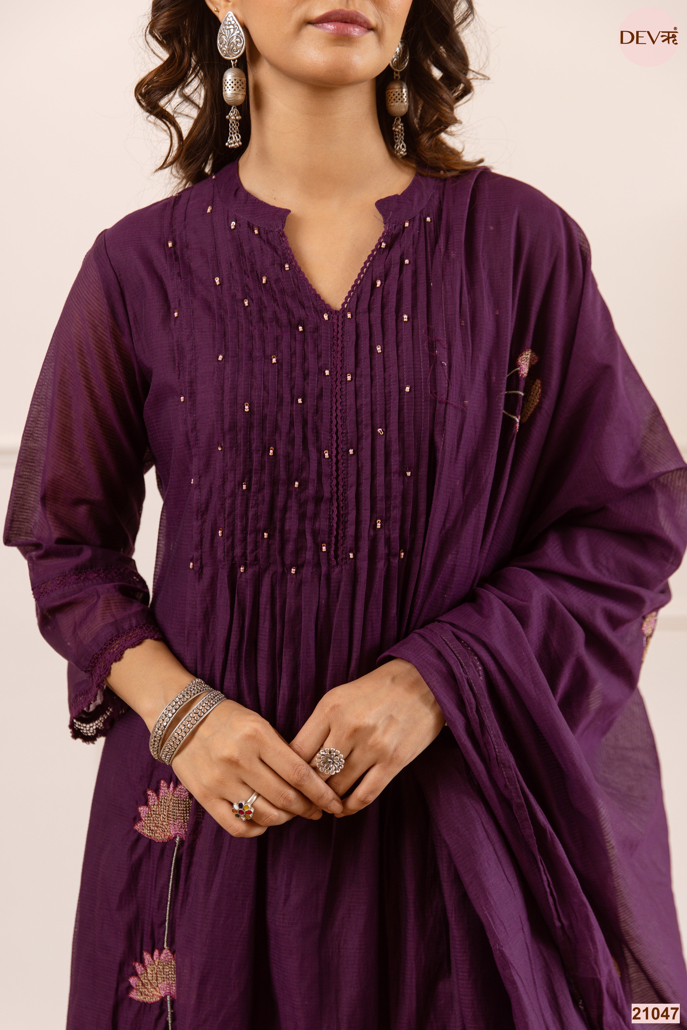 Meher Net Chanderi Embroidered Purple 3-Piece Set (Devri – D.No 21047)