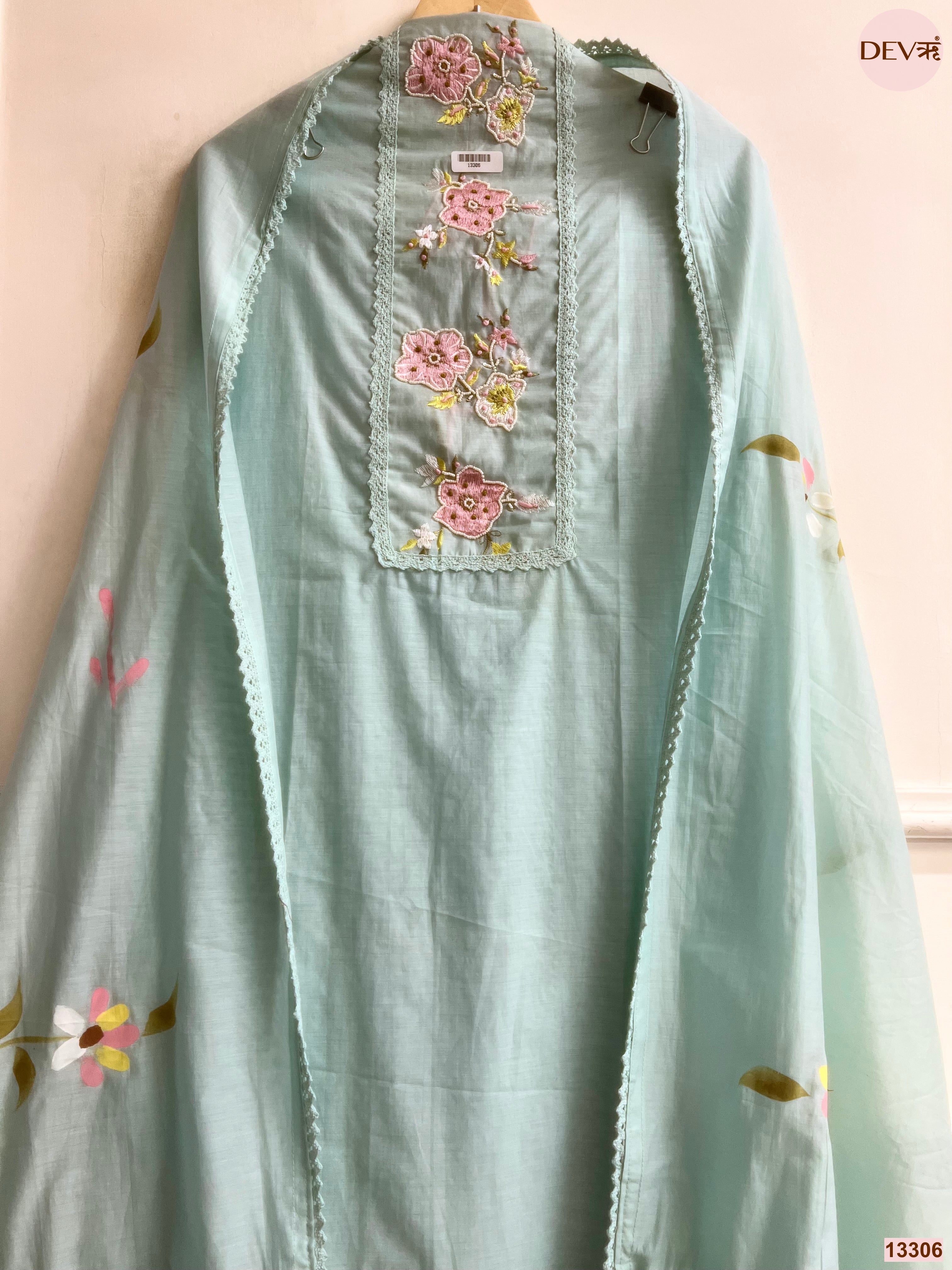 Mint Mul Cotton Embroidered Unstitched 3-Piece Suit (Devri – D.No 13306)