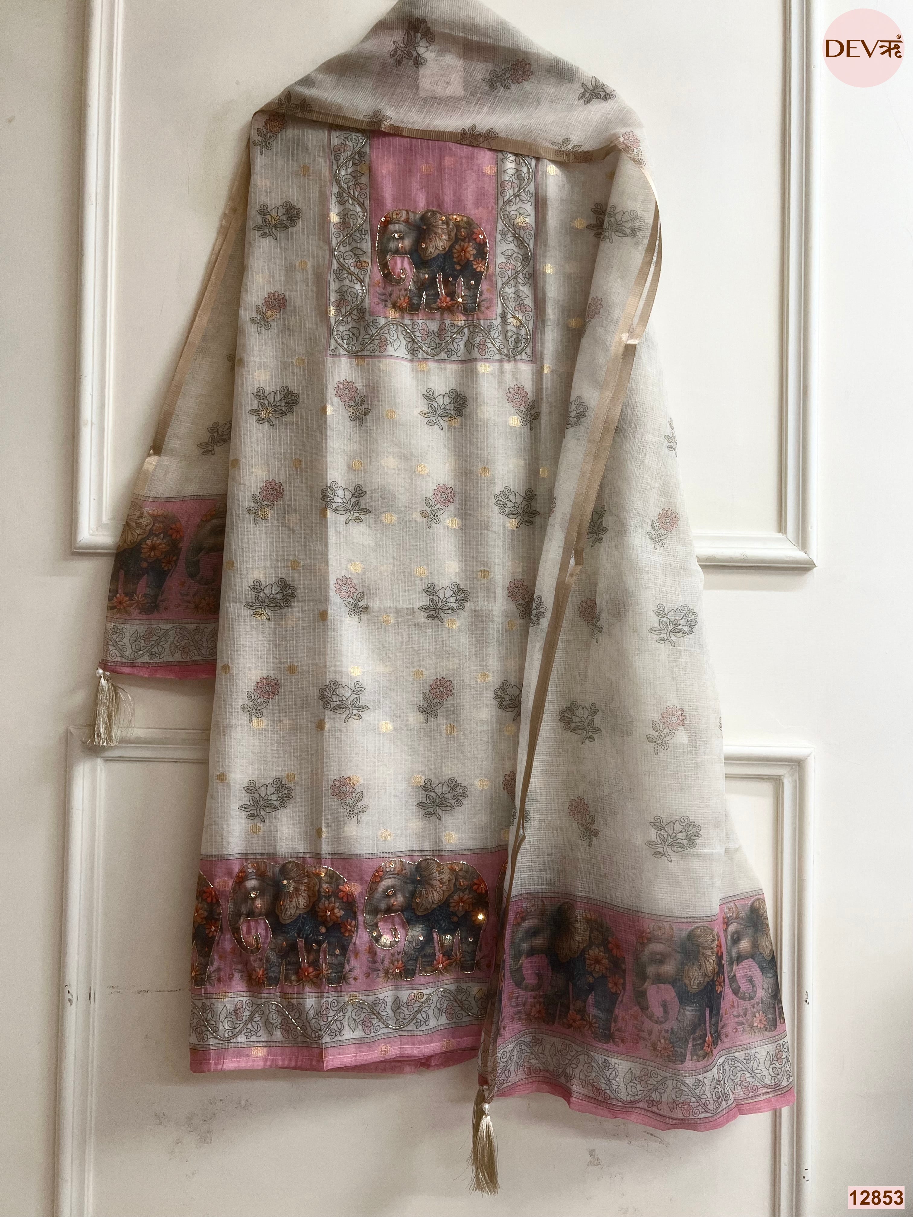 Pink Linen Cotton Printed Unstitched 3-Piece Suit (Devri – D.No 12853)