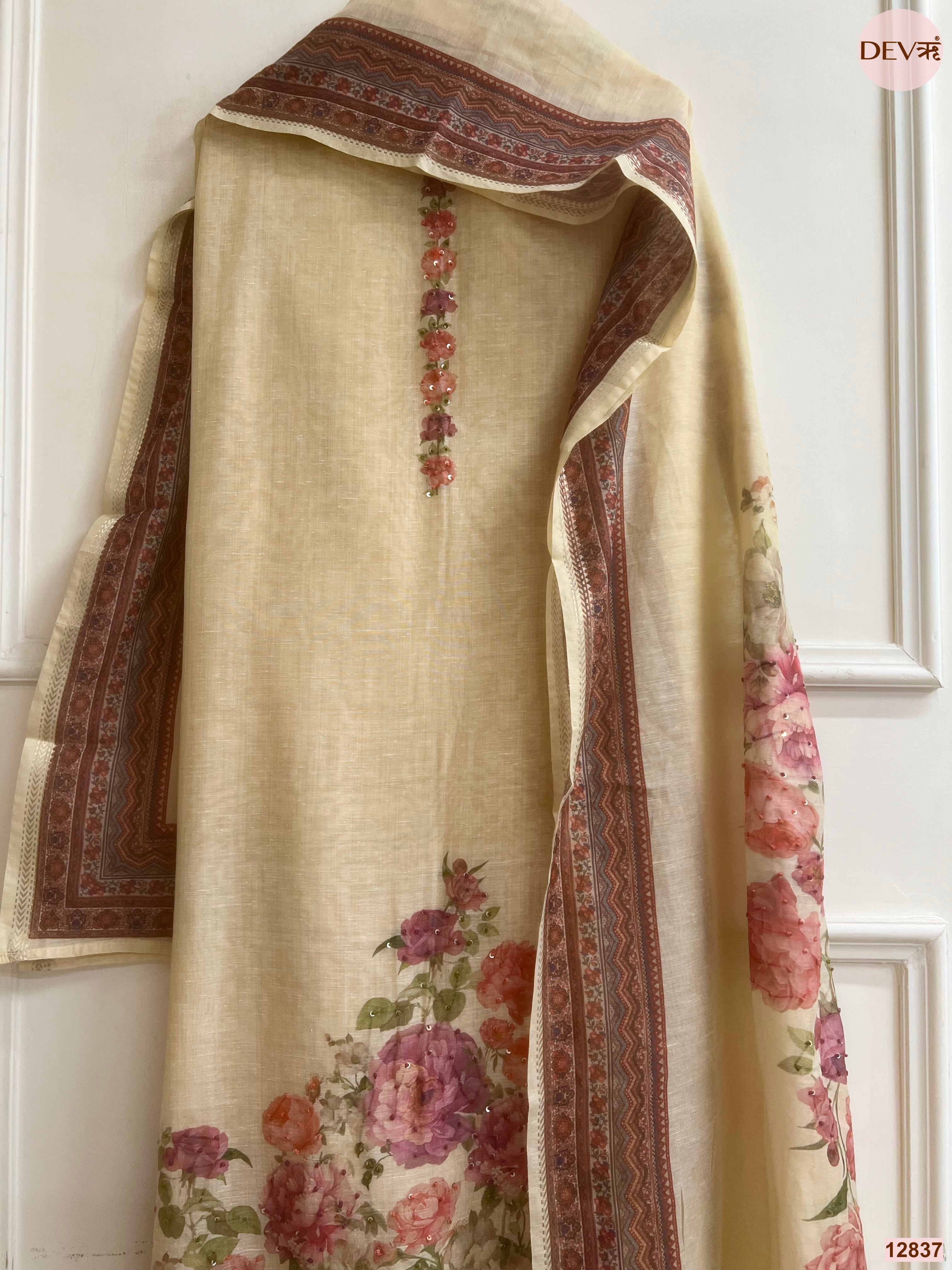 Cream Mul Chanderi Printed Unstitched 3-Piece Suit (Devri – D.No 12837)